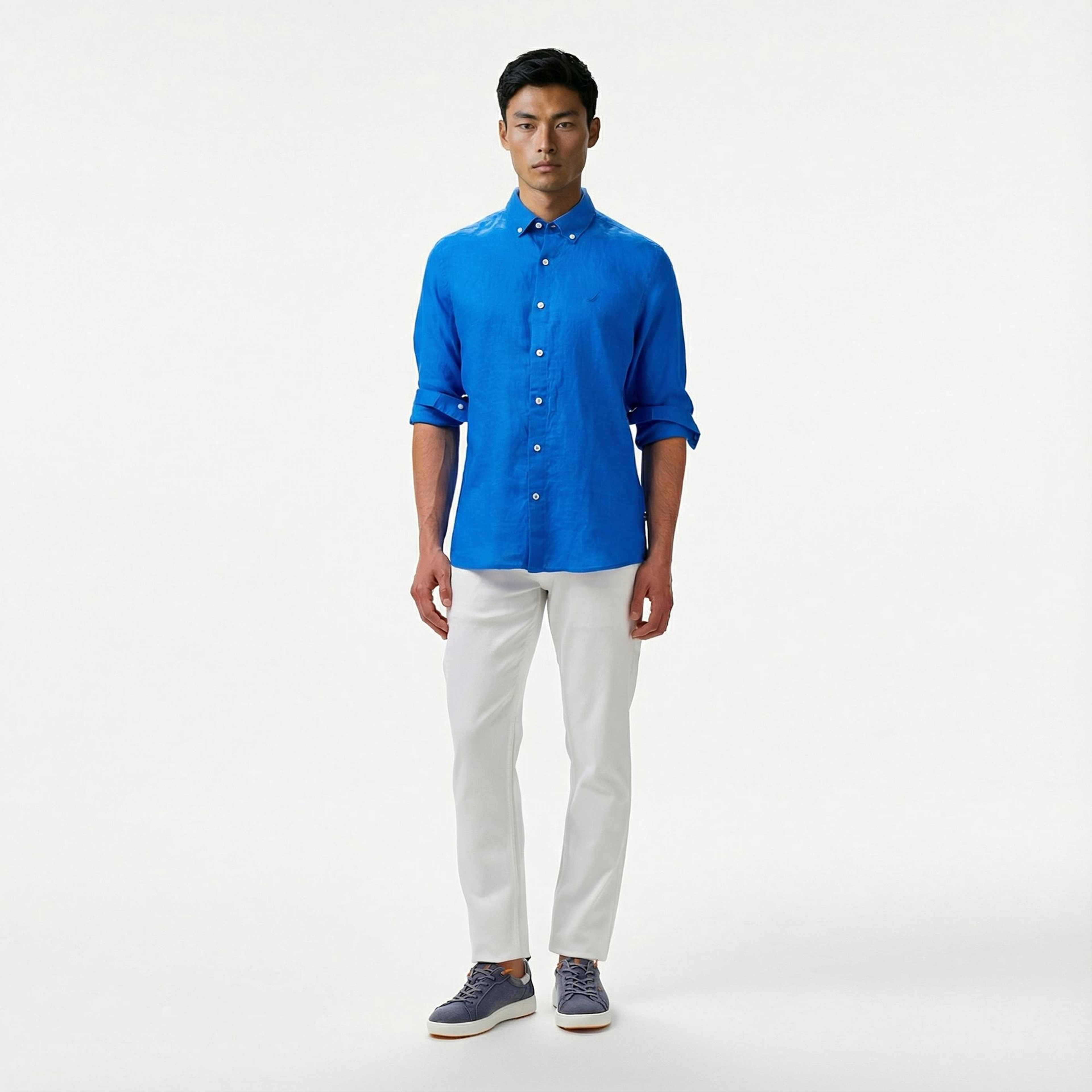 Nautica Erkek Mavi Classic Fit Keten Gömlek