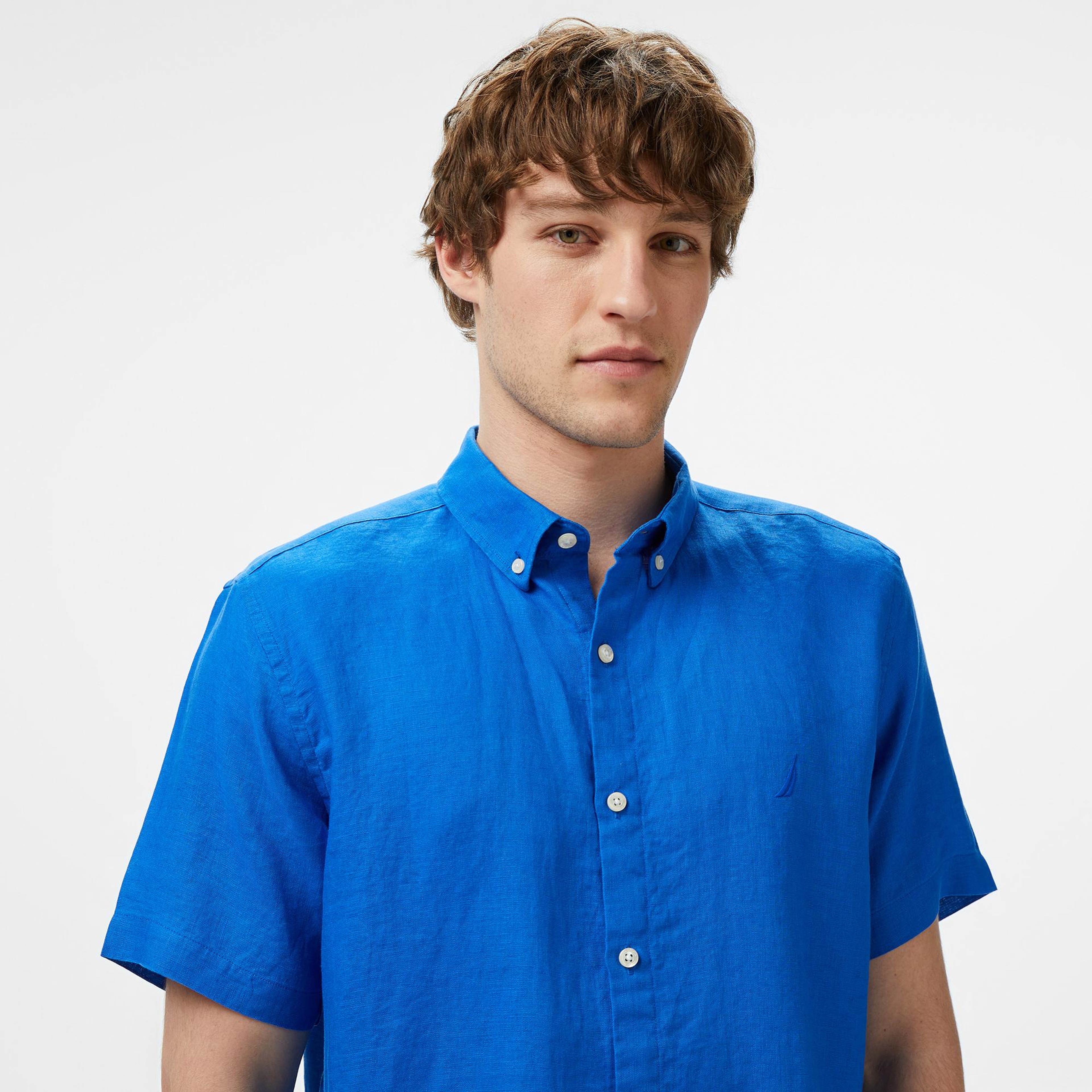 Nautica Erkek Mavi Classic Fit Keten Gömlek