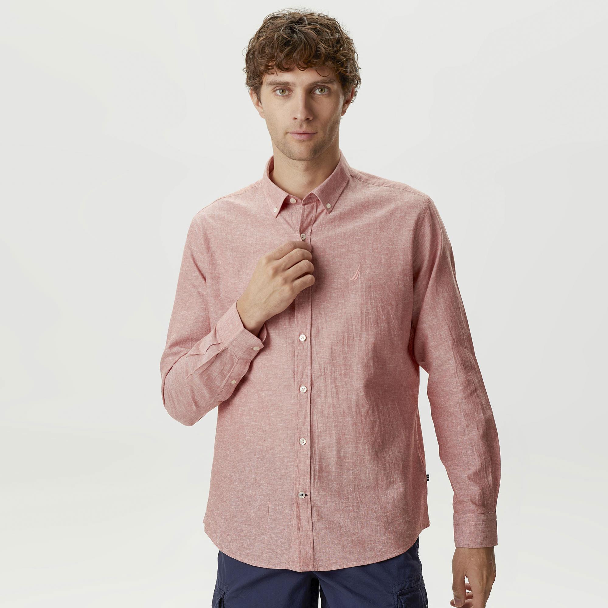 Nautica Erkek Bordo Slim Fit Uzun Kollu Keten Gömlek