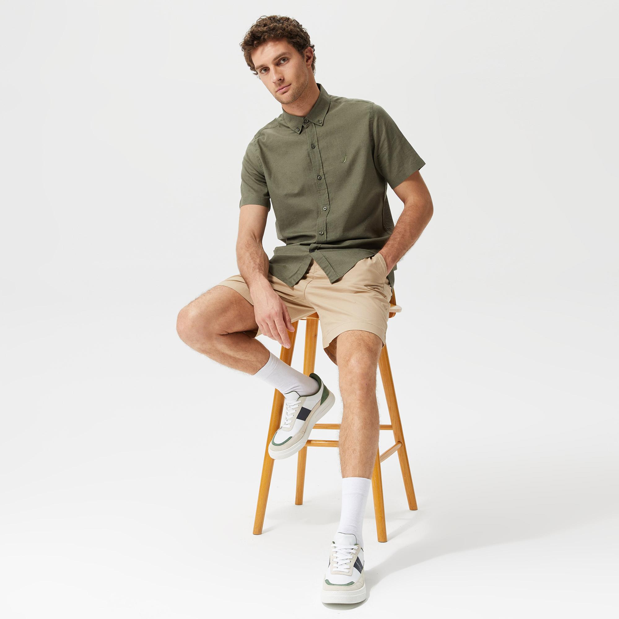 Nautica Erkek Yeşil Classic Fit Kısa Kollu Keten Gömlek