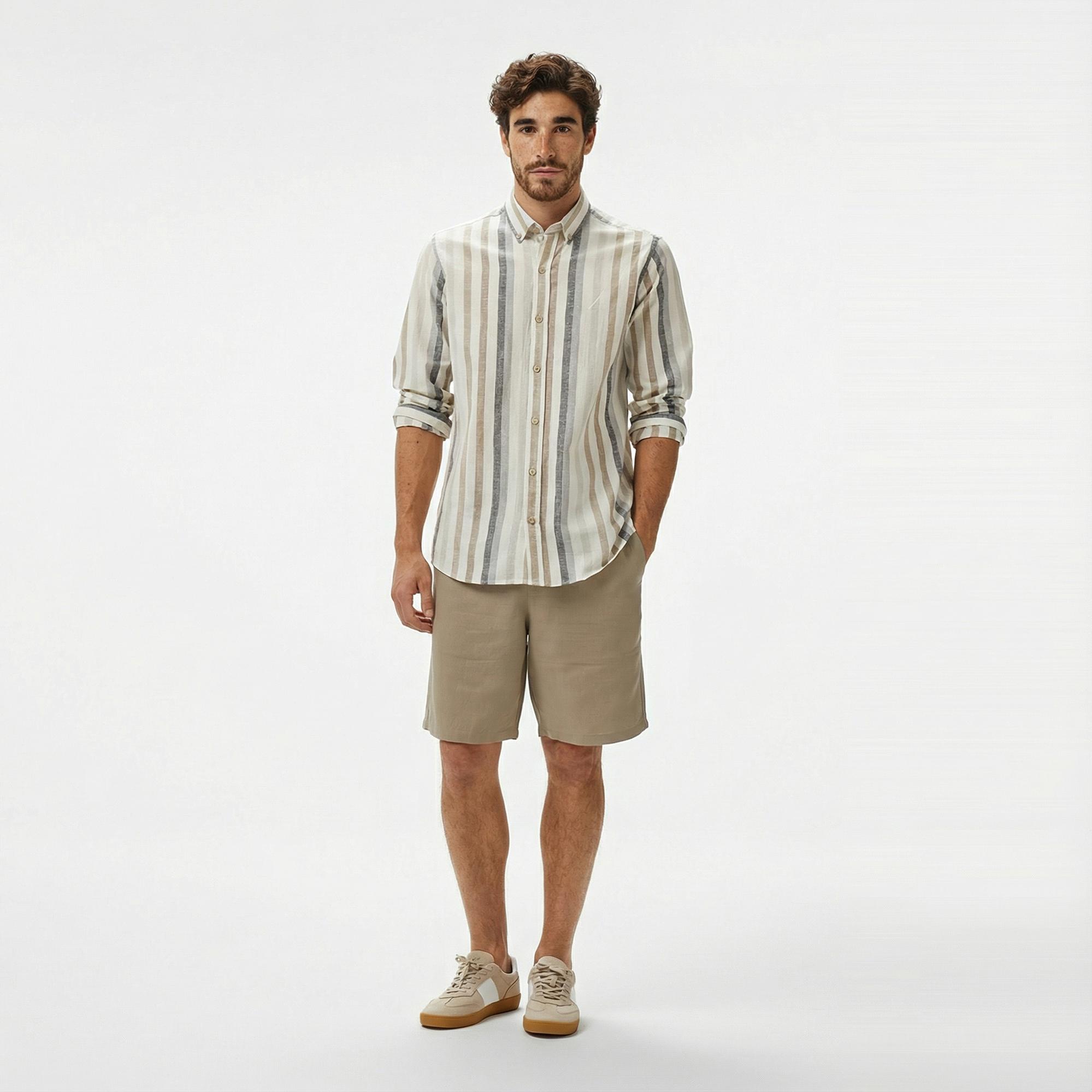 Nautica Erkek Kahverengi Classic Fit Çizgili Gömlek