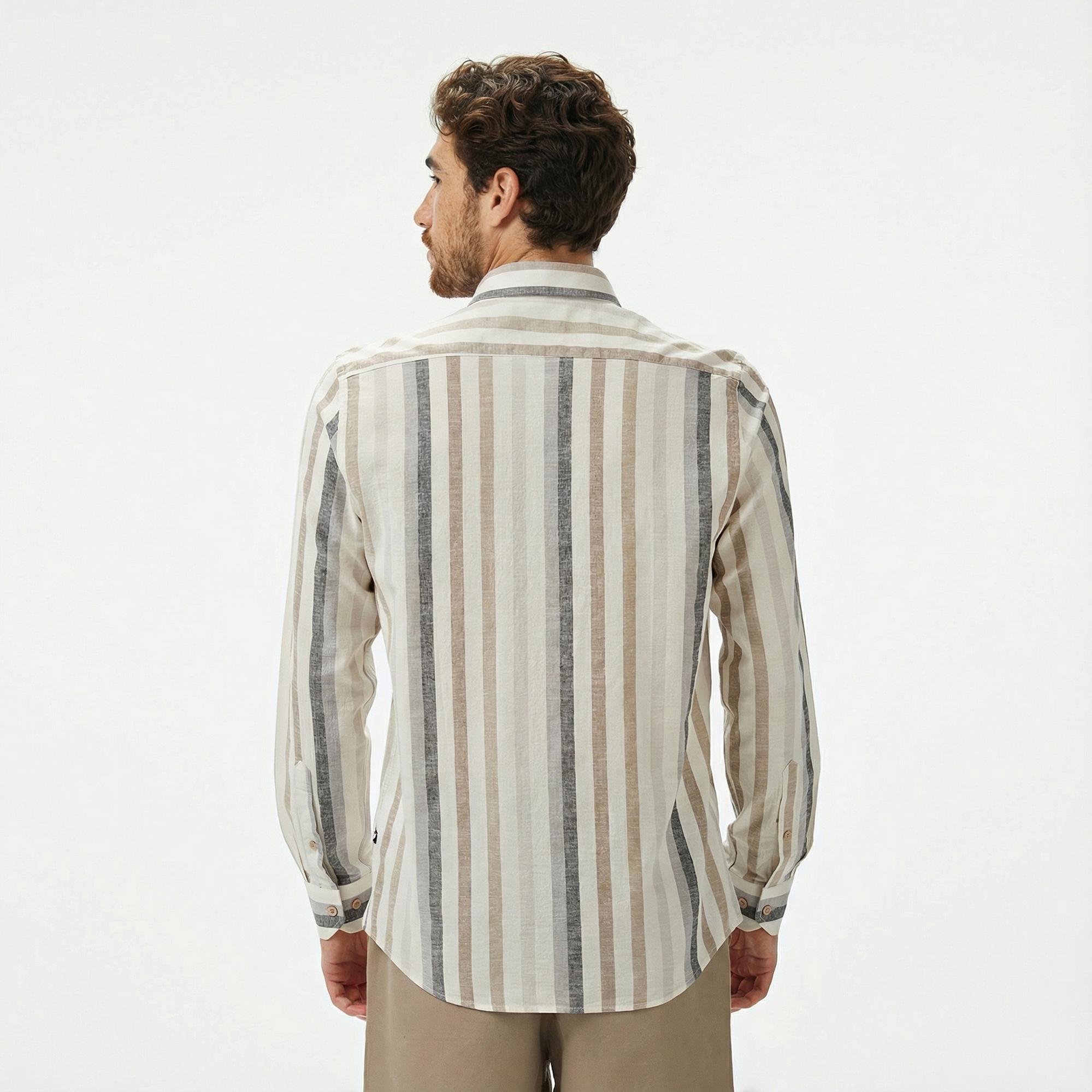 Nautica Erkek Kahverengi Classic Fit Çizgili Gömlek