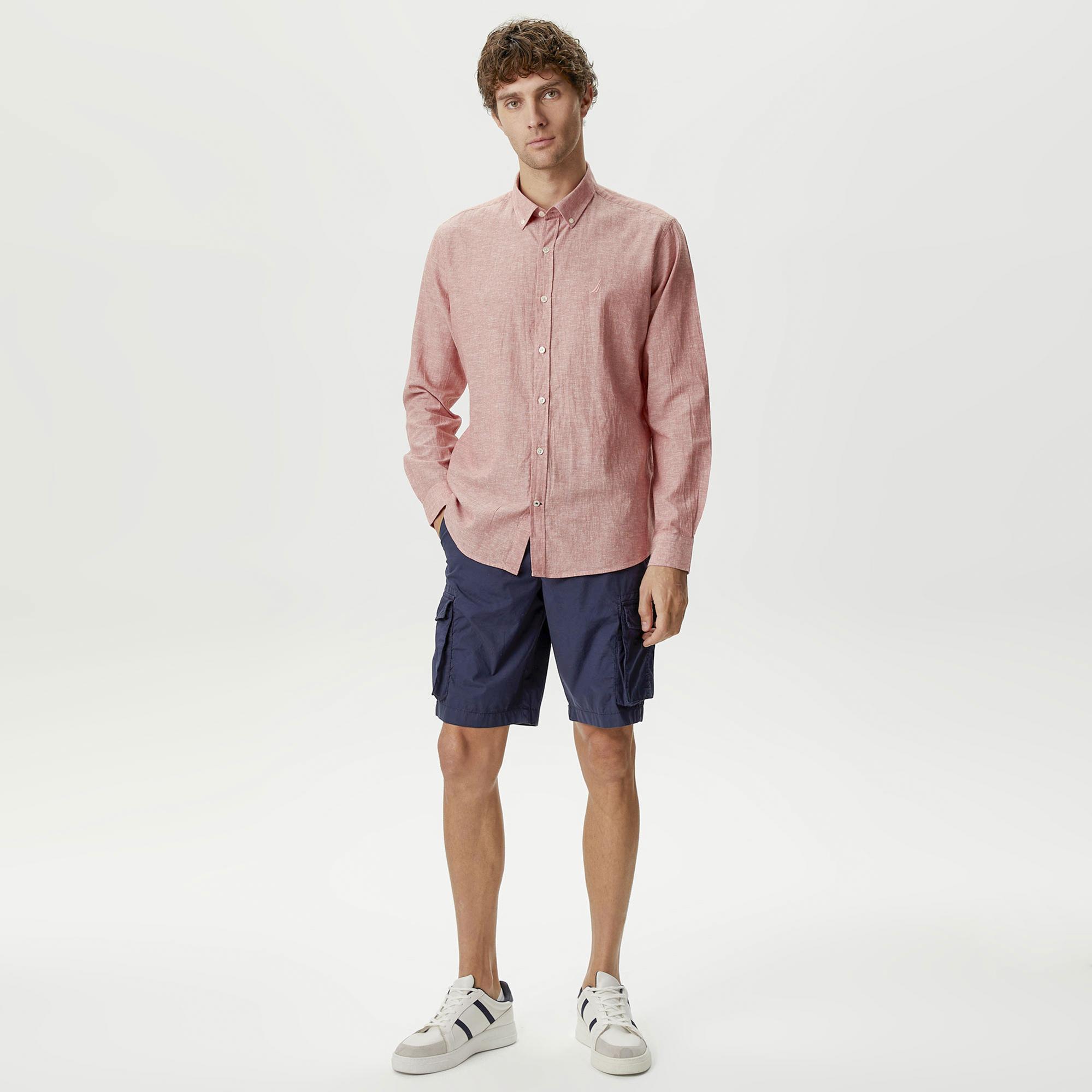 Nautica Erkek Bordo Slim Fit Uzun Kollu Keten Gömlek
