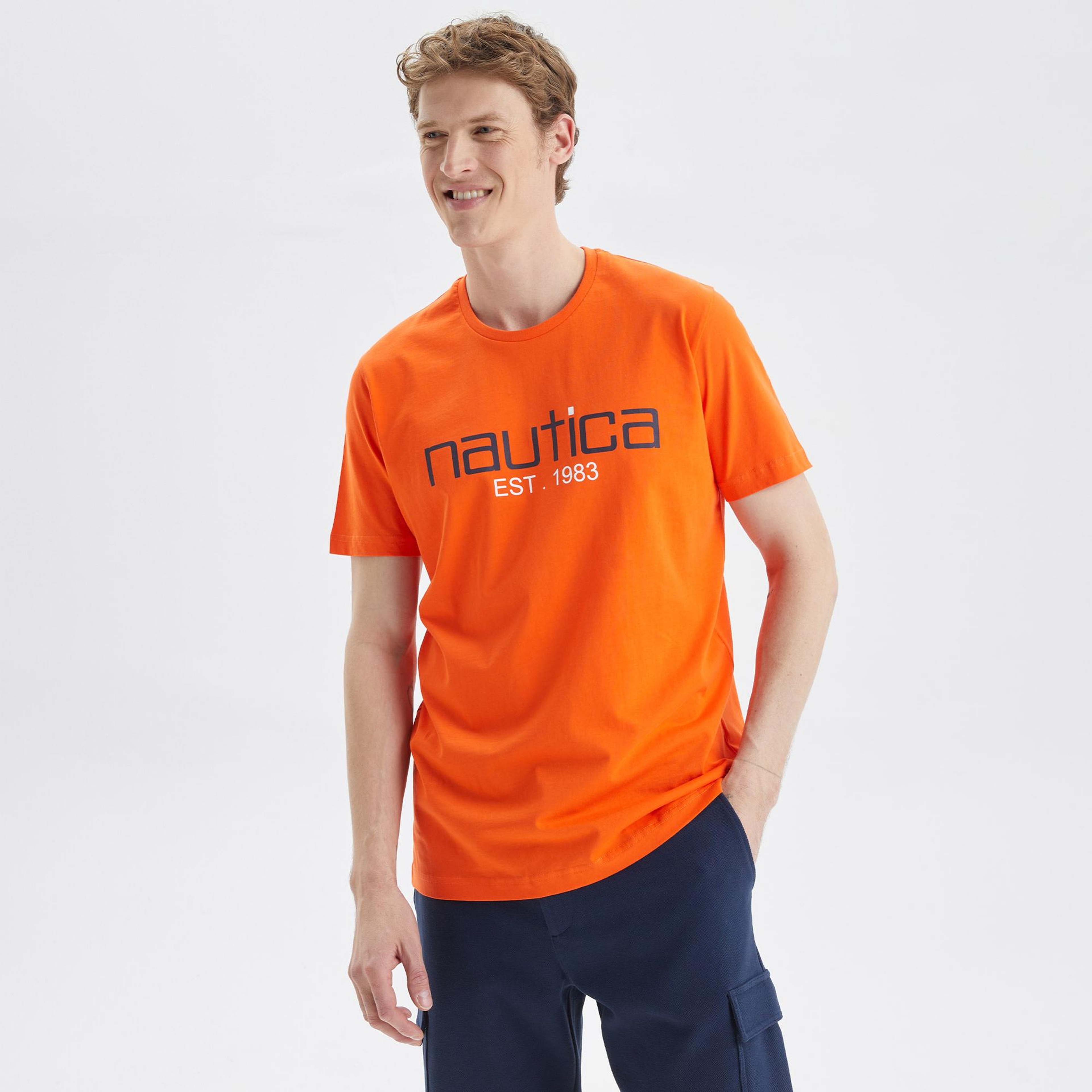 Nautica Erkek Turuncu Standart Fit Desenli T-Shirt