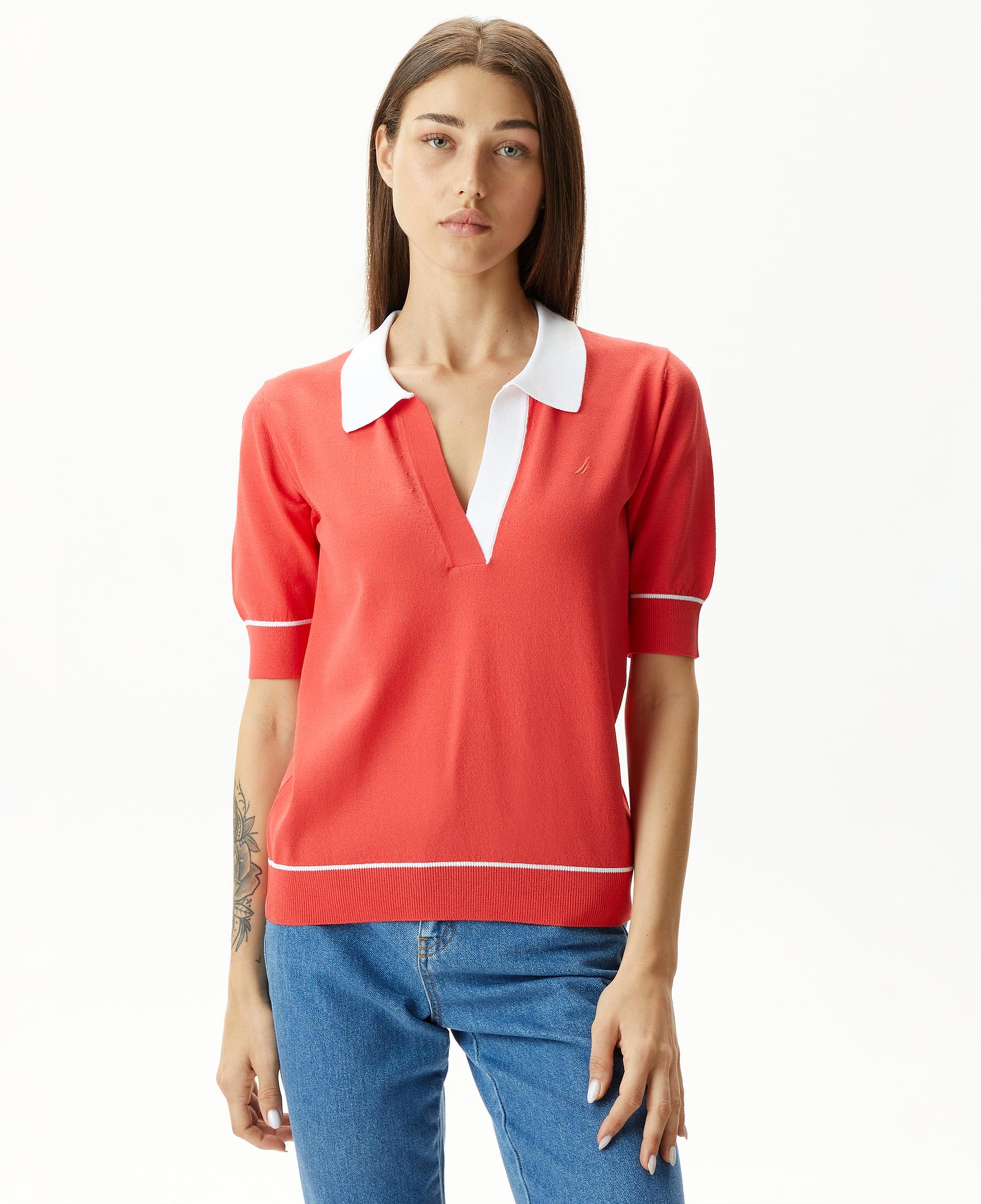 Nautica Kadın Kırmızı Relaxed Fit Kısa Kollu Triko