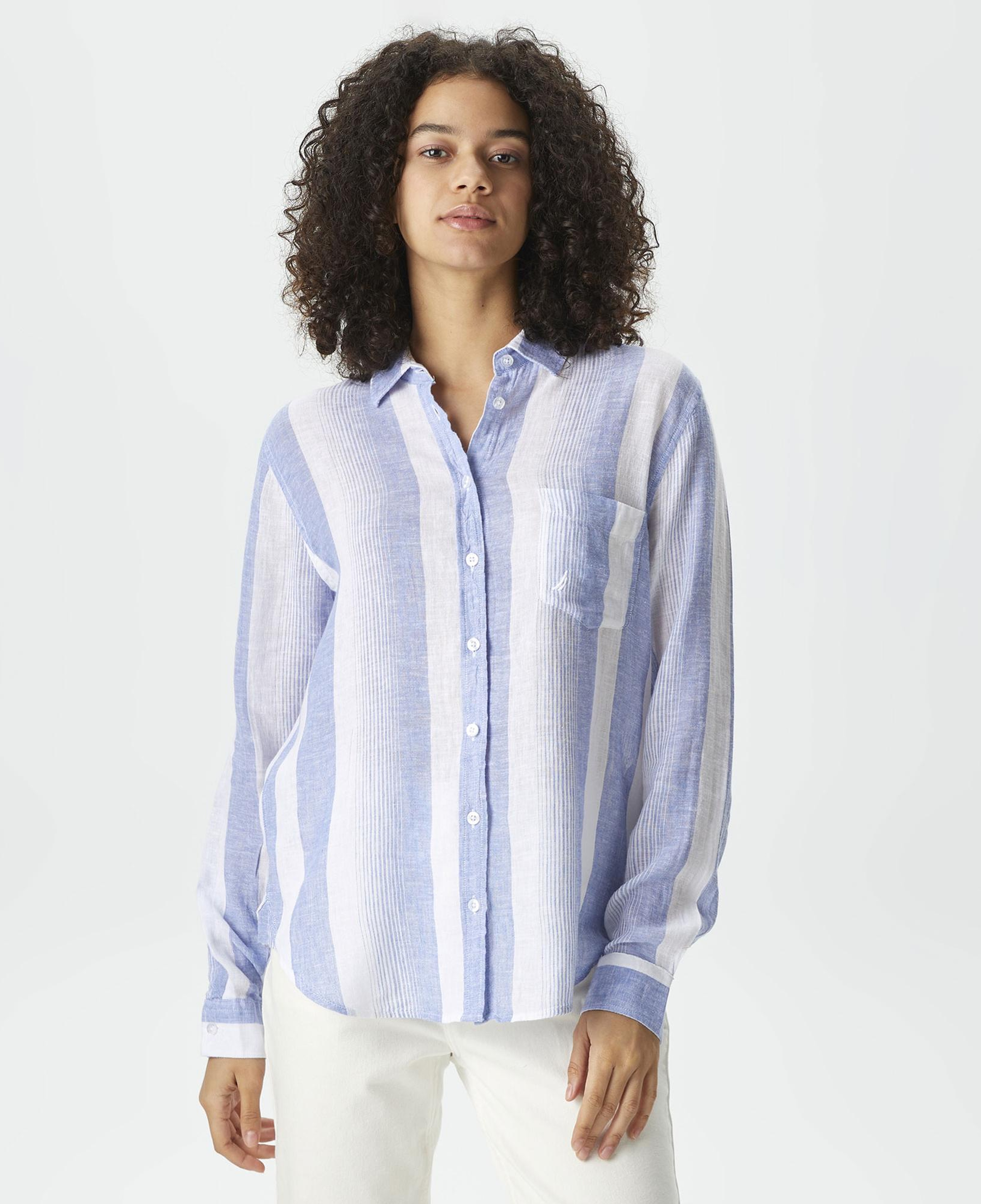 Nautica Kadın Mavi Standart Fit Uzun Kollu Çizgili Gömlek