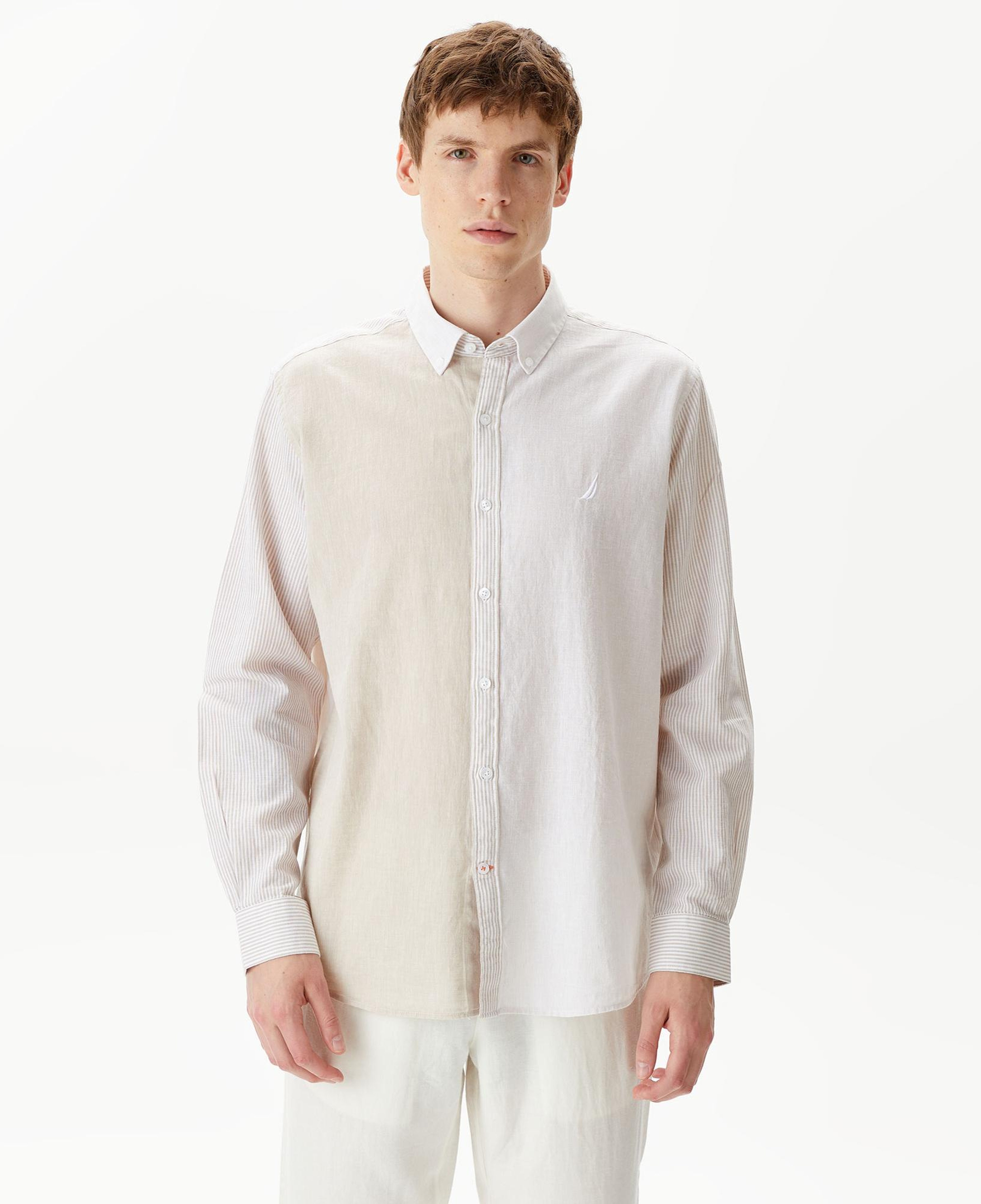 Nautica Erkek Kırık Beyaz Classic Fit Uzun Kollu Renk Bloklu Gömlek