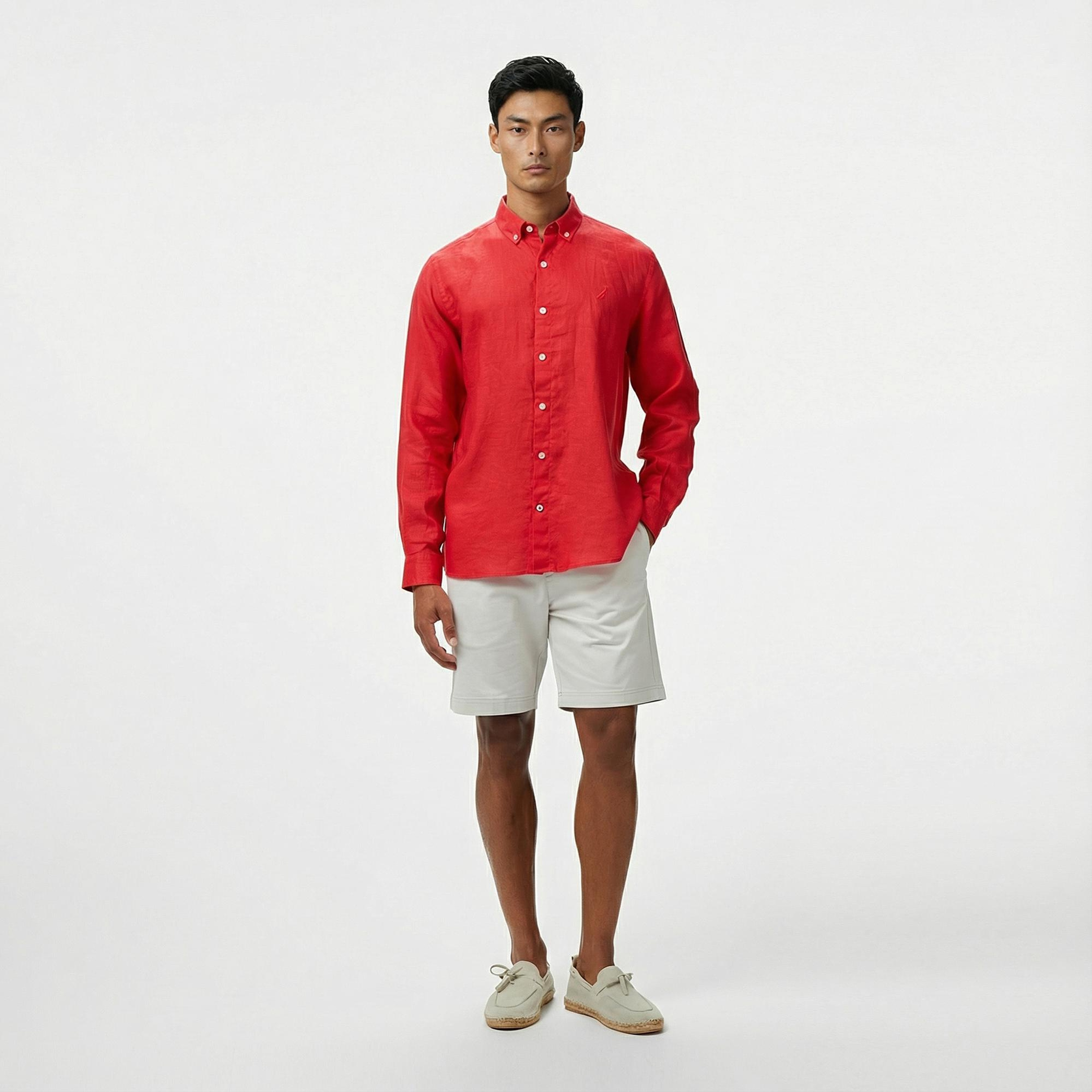 Nautica Erkek Kırmızı Classic Fit Keten Gömlek