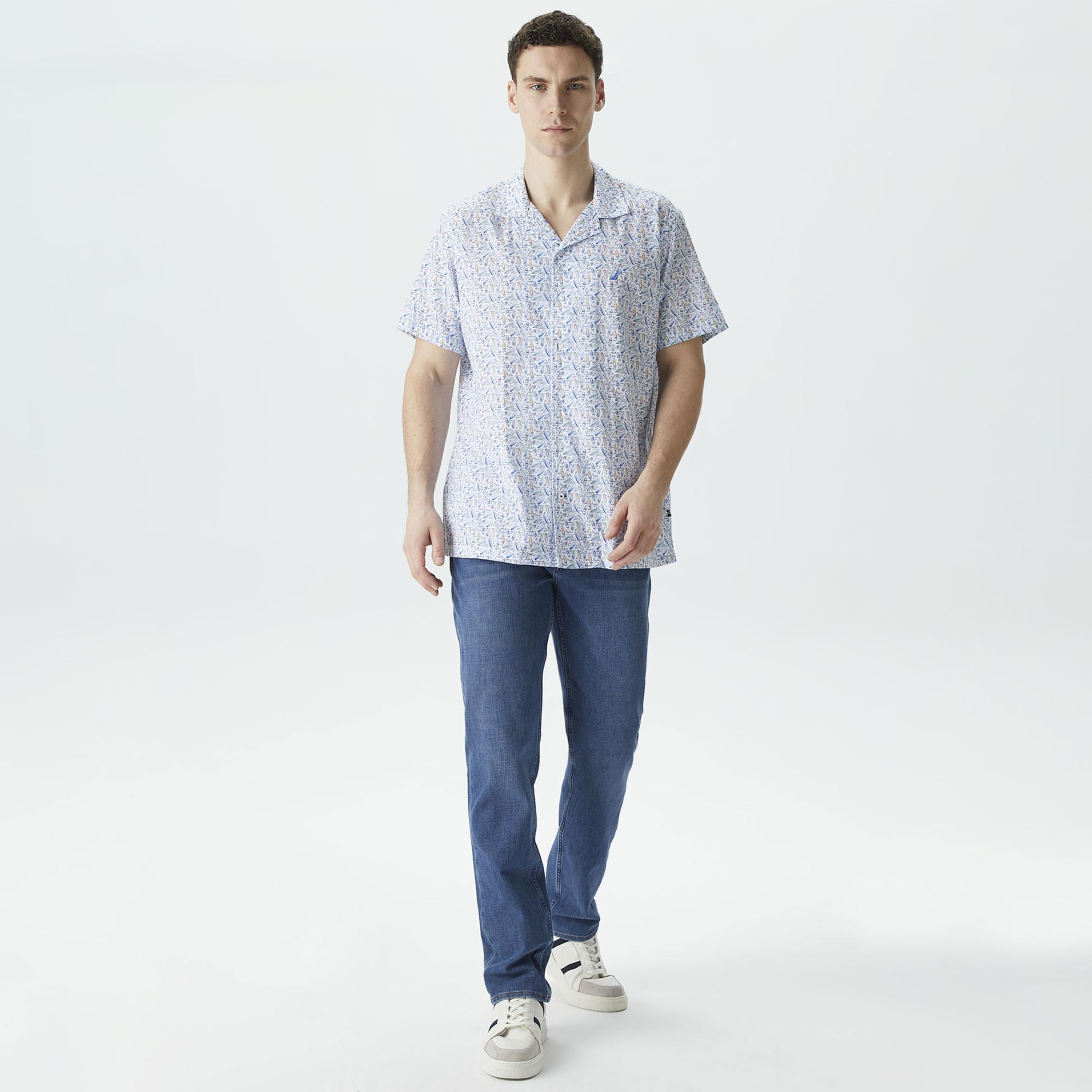 Nautica Erkek Beyaz Classic Fit Kısa Kollu Desenli Gömlek