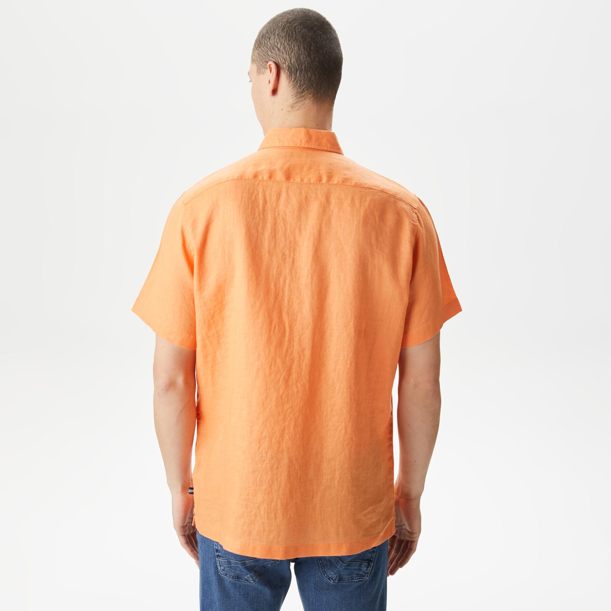 Nautica Erkek Turuncu Classic Fit Kısa Kollu Keten Gömlek