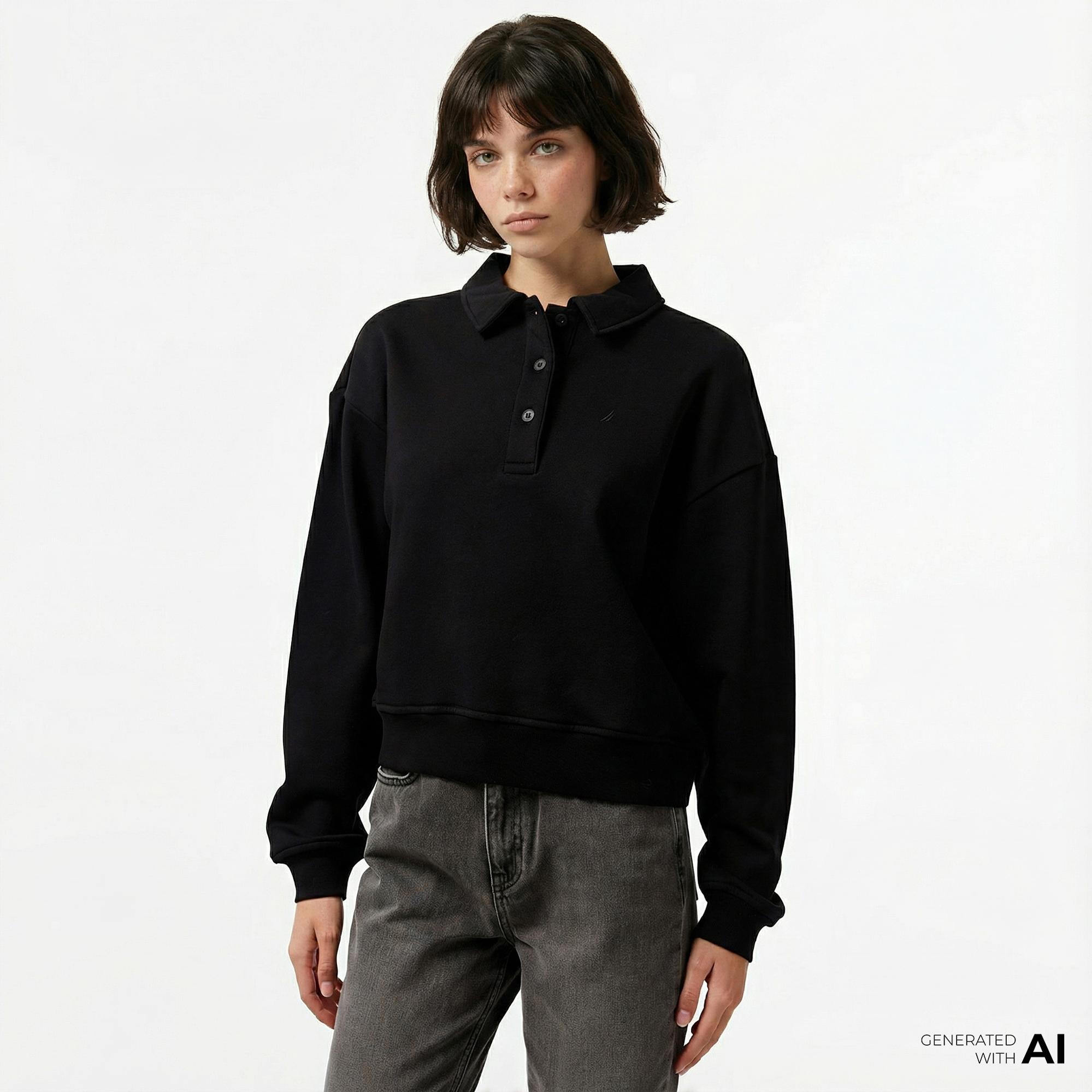 Nautica Kadın Siyah Oversize Uzun Kollu Polo