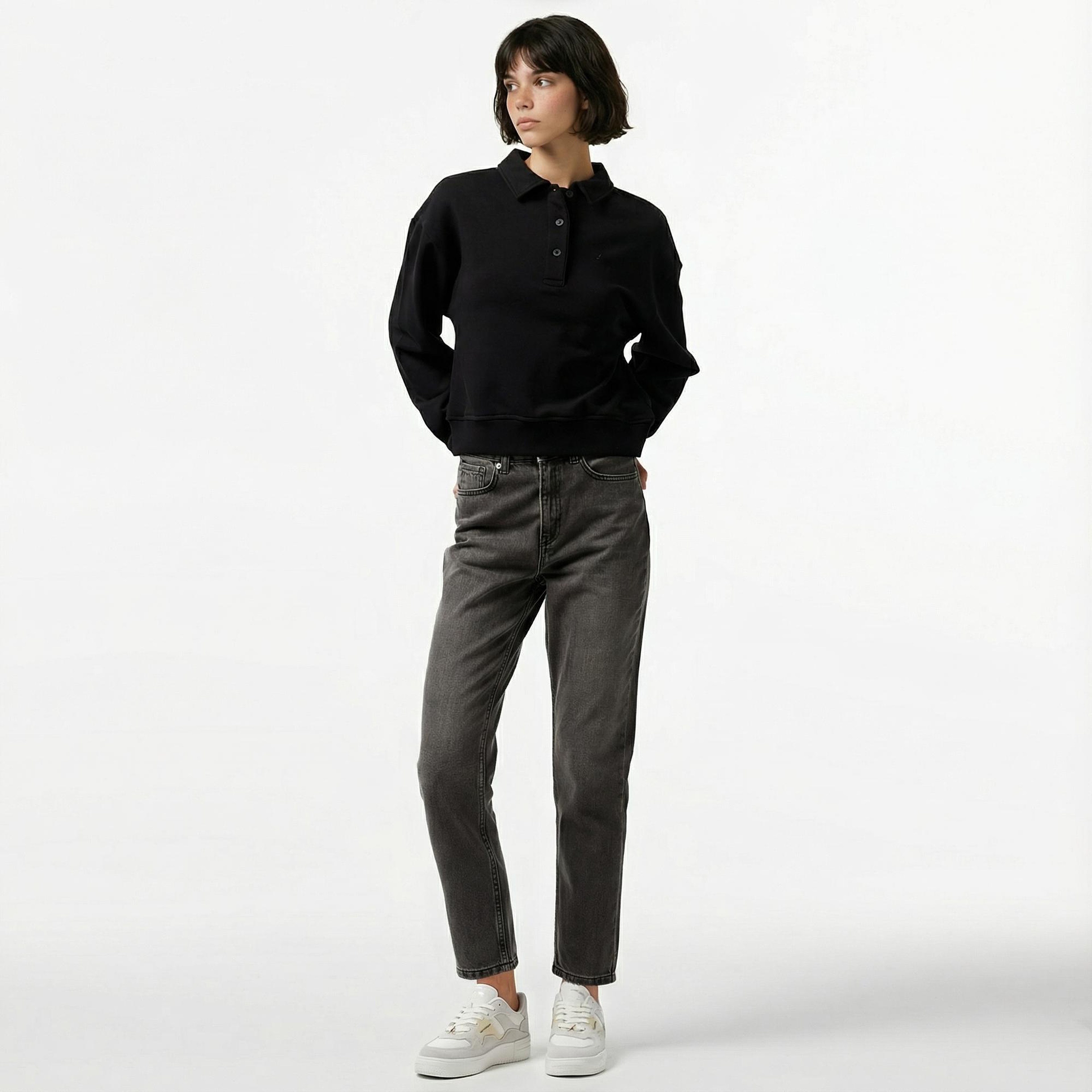 Nautica Kadın Siyah Oversize Uzun Kollu Polo