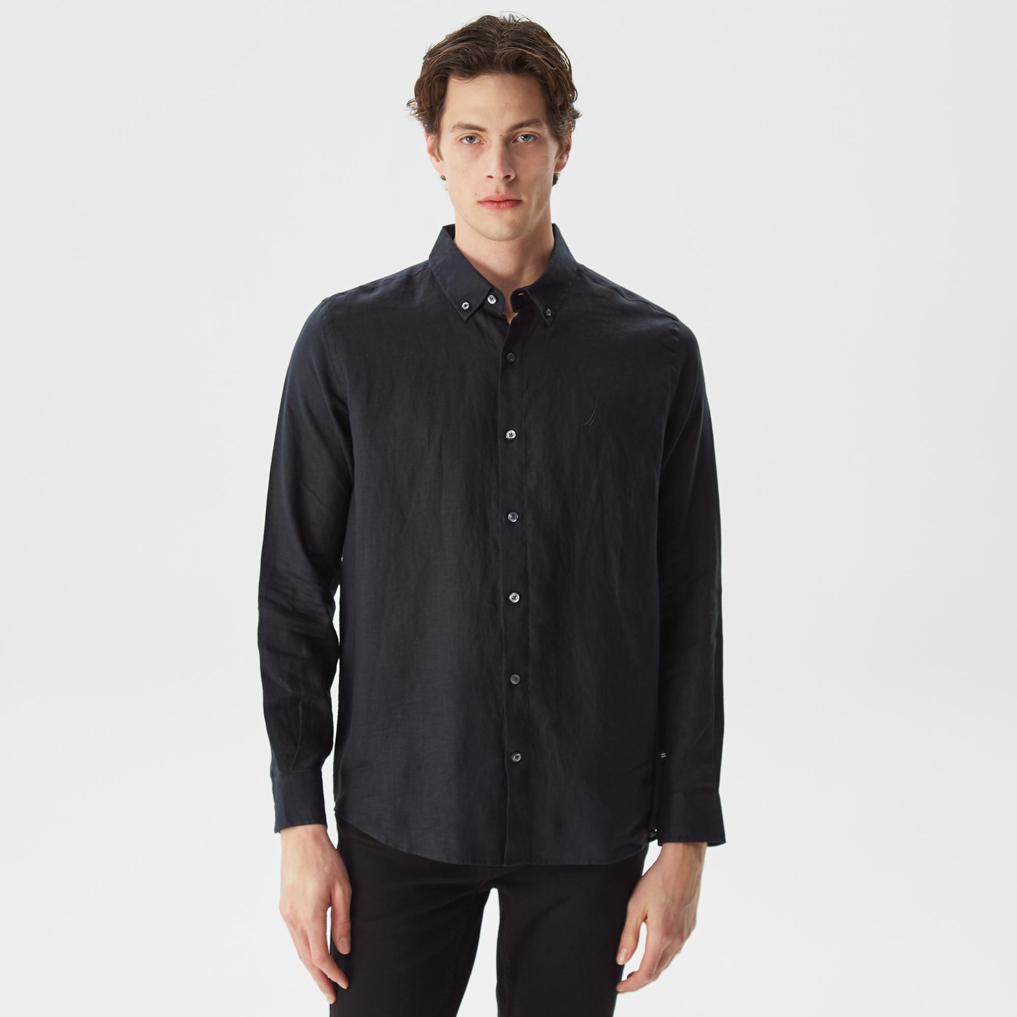 Nautica Erkek Siyah Classic Fit Uzun Kollu Keten Gömlek
