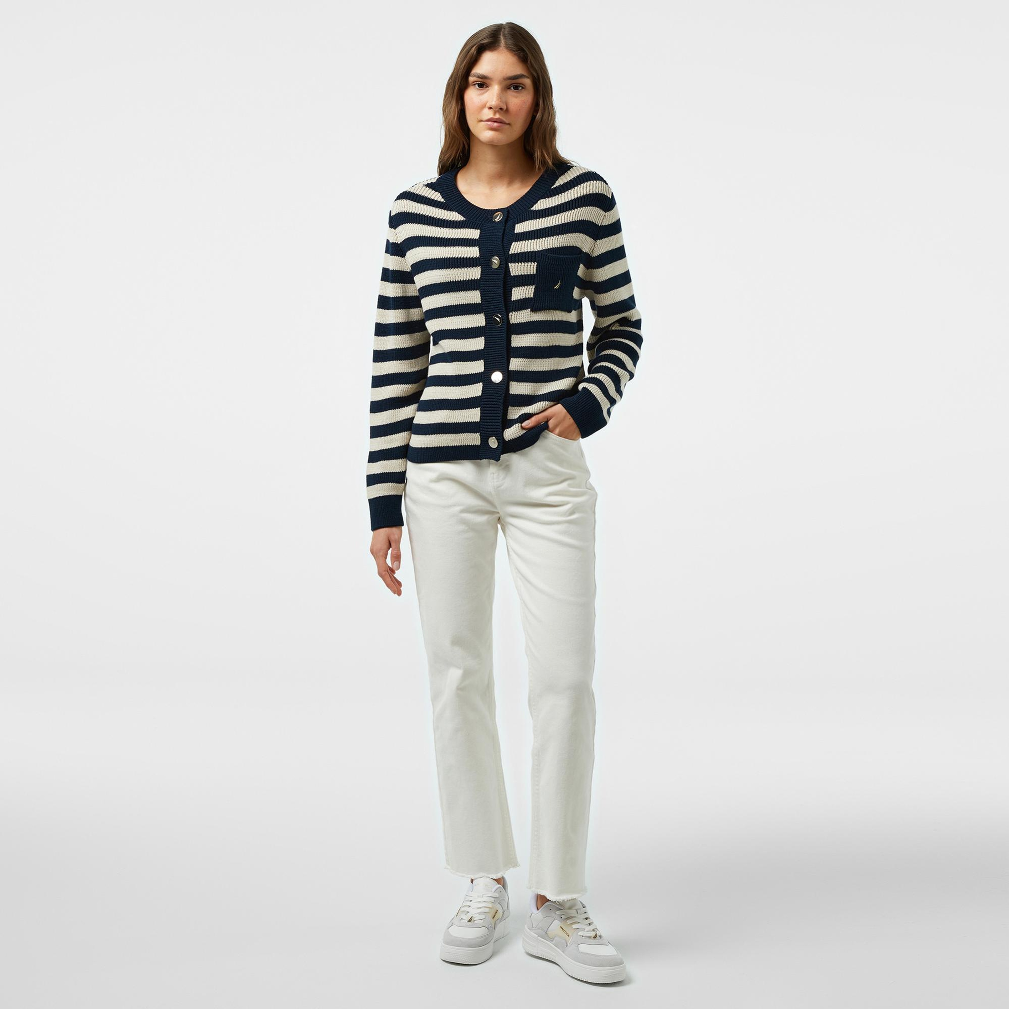 Nautica Kadın Lacivert Çizgili Regular Fit Hırka