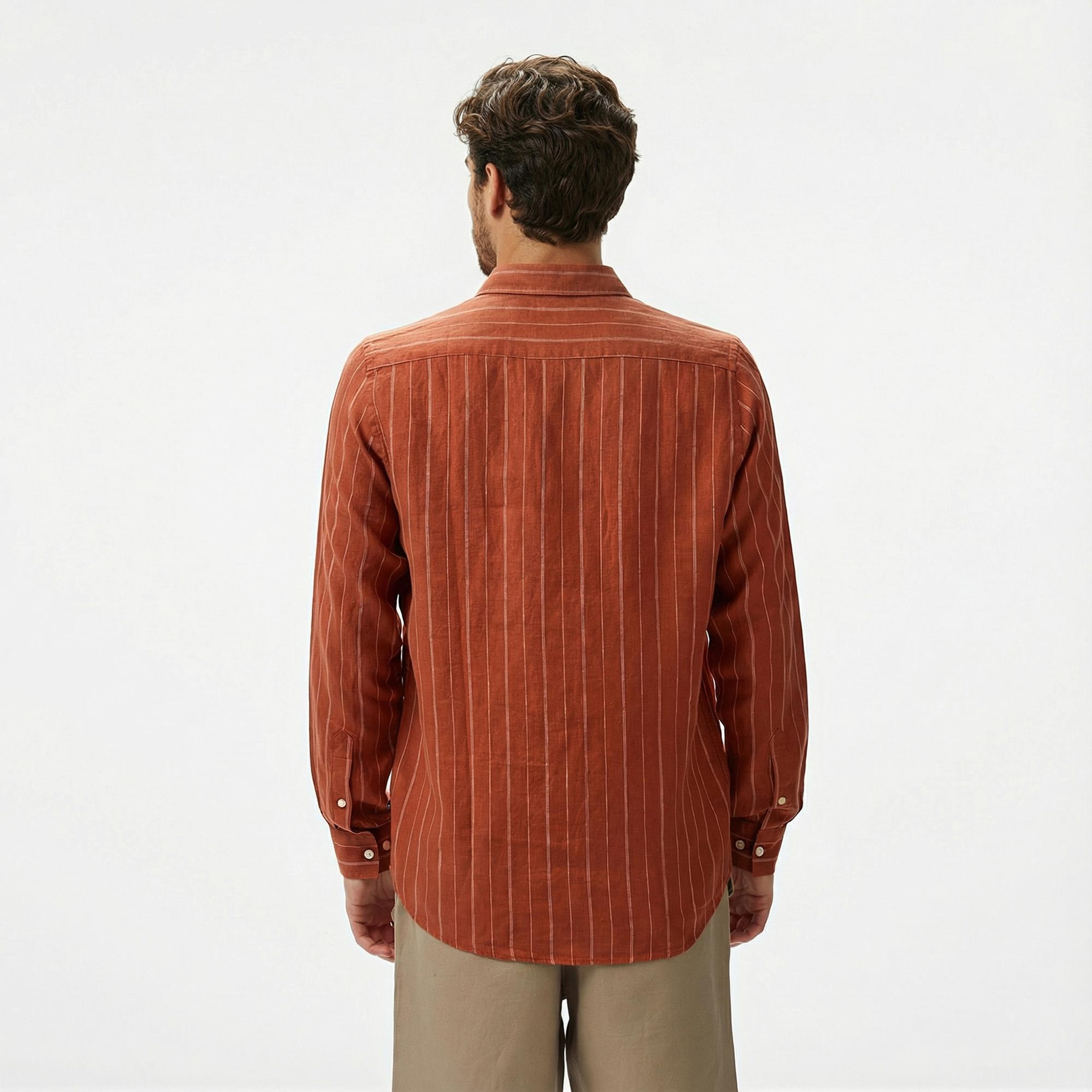 Nautica Erkek Kırmızı Classic Fit Çizgili Keten Gömlek