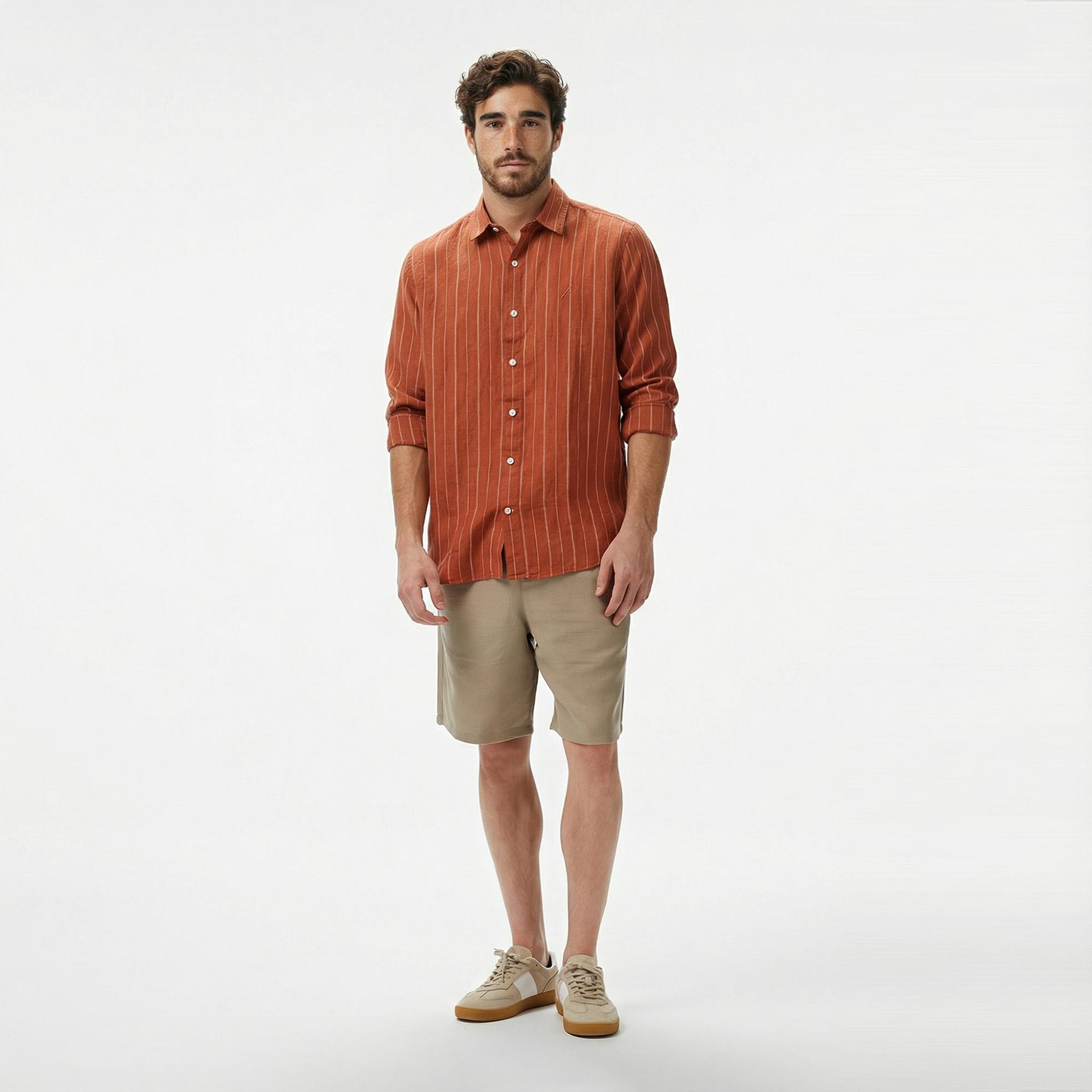 Nautica Erkek Kırmızı Classic Fit Çizgili Keten Gömlek