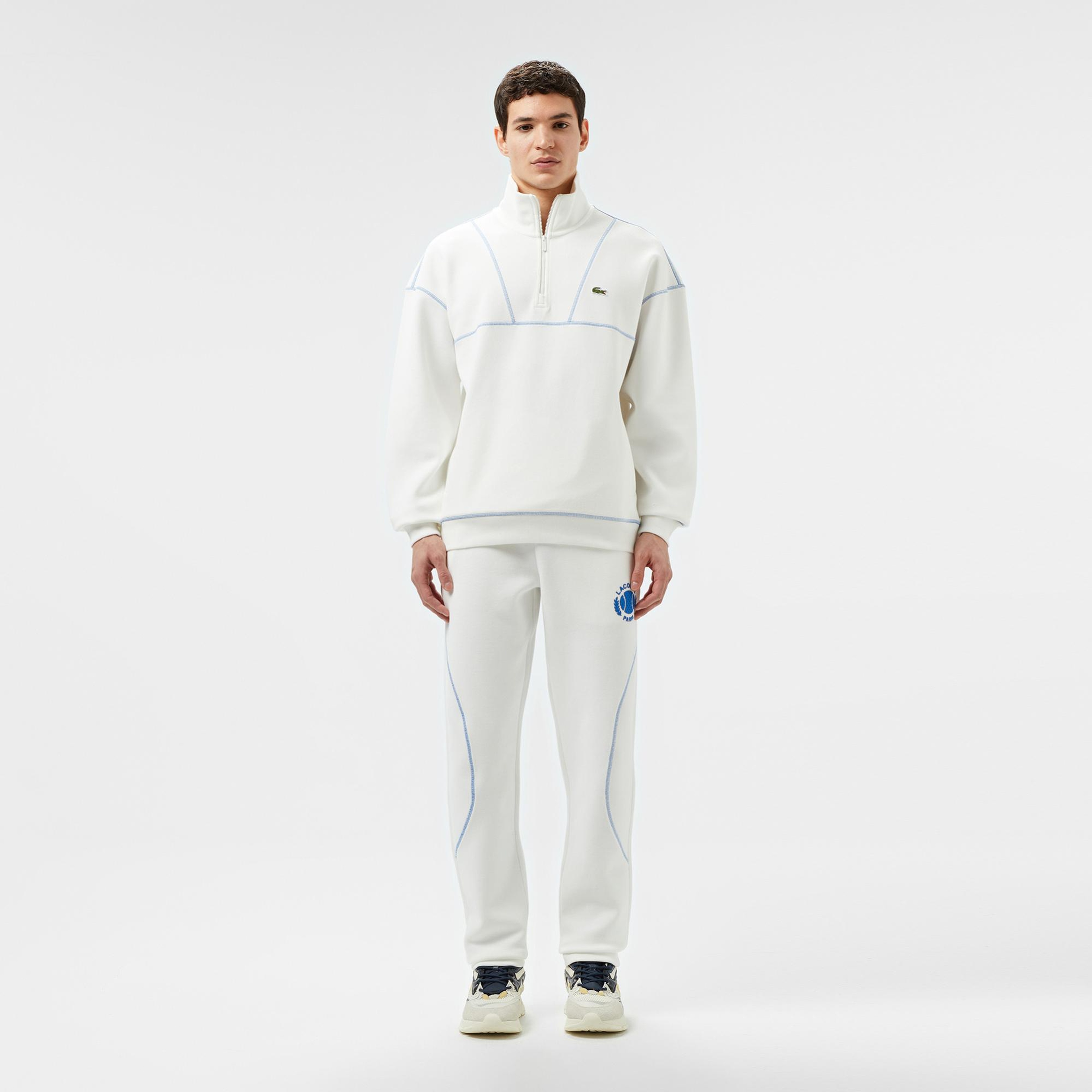 Lacoste Erkek Relaxed Fit Yarım Fermuarlı Renk Bloklu Beyaz Sweatshirt