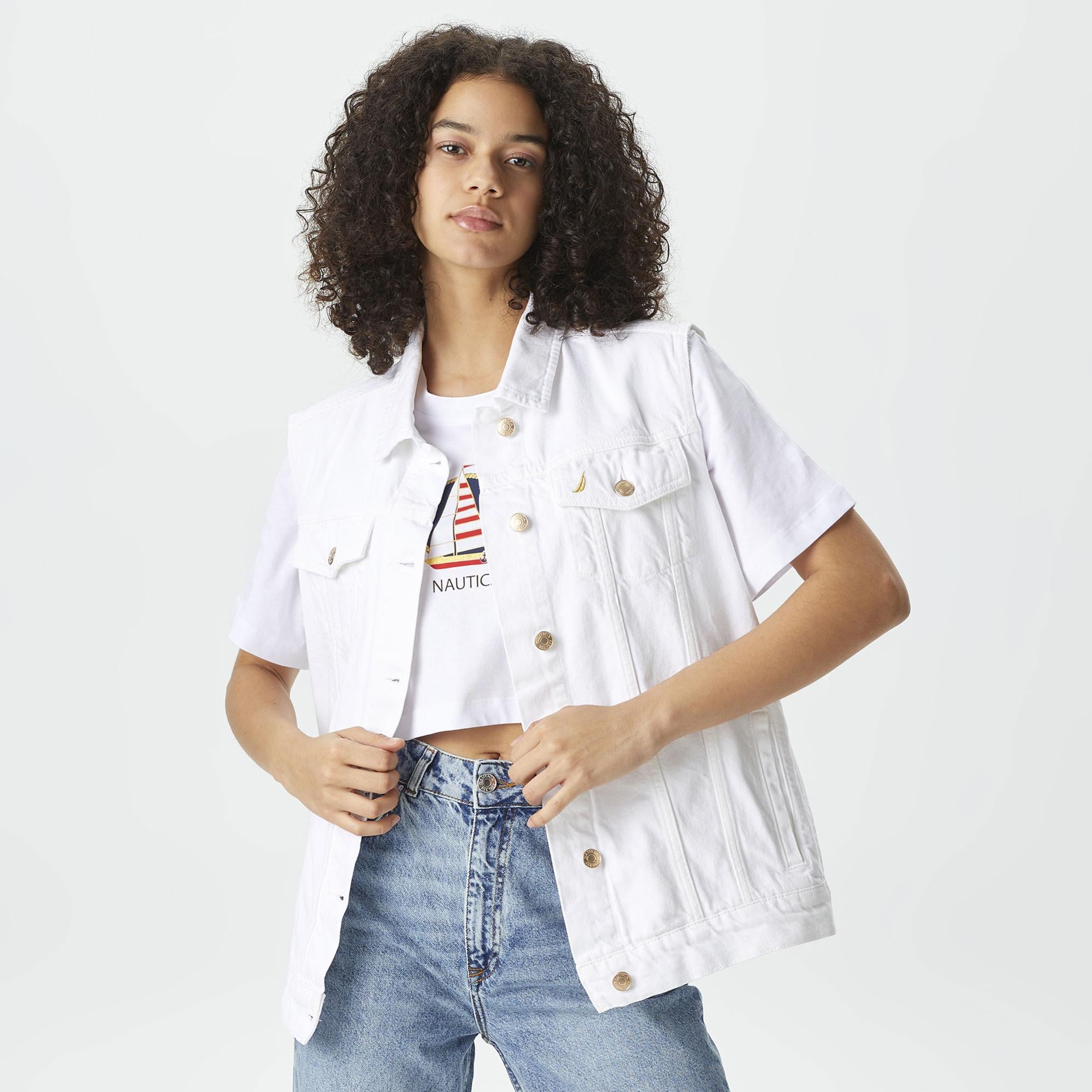 Nautica Kadın Beyaz Oversize Denim Yelek