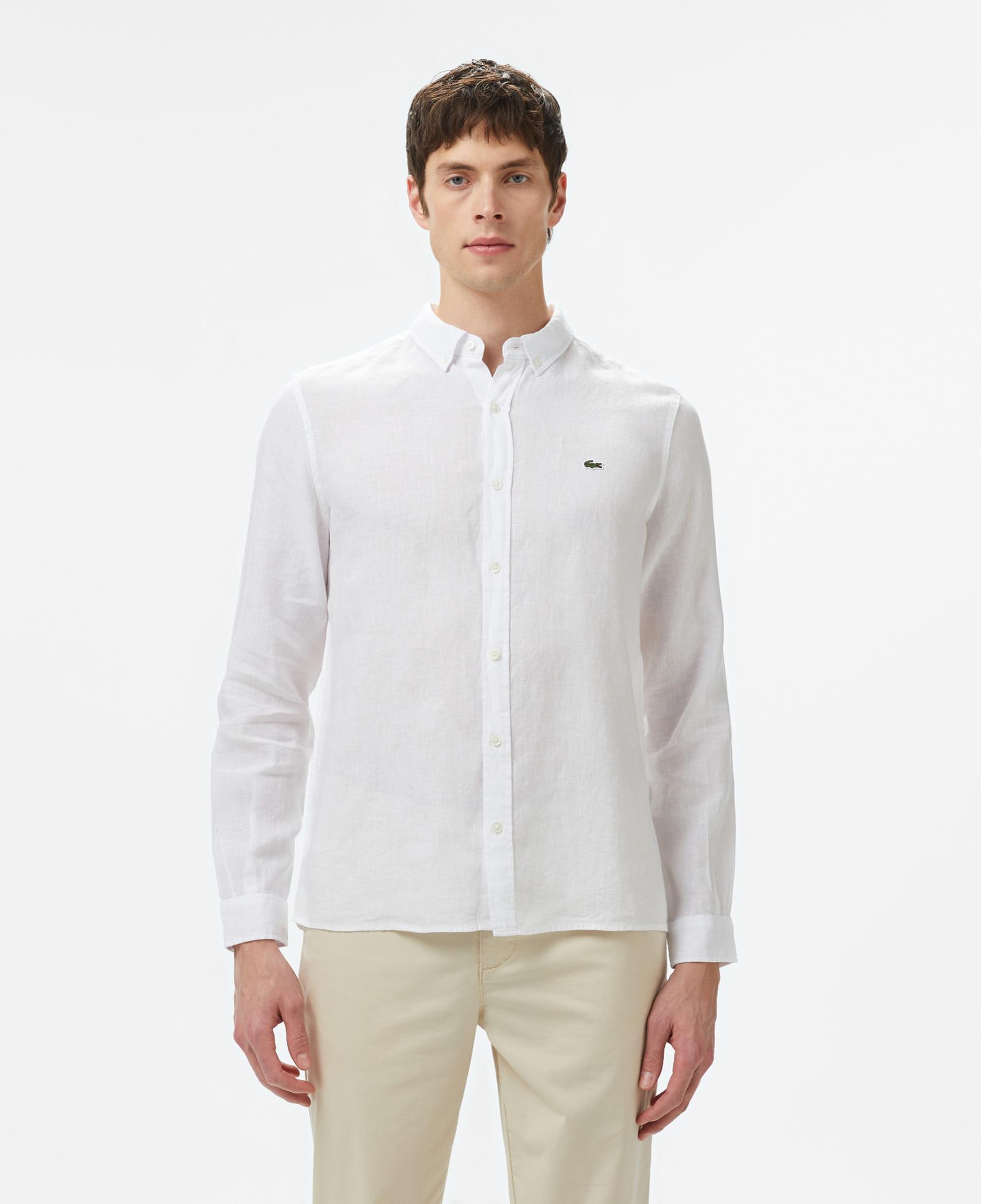 Lacoste Erkek Regular Fit Düğmeli Yaka Keten Beyaz Gömlek