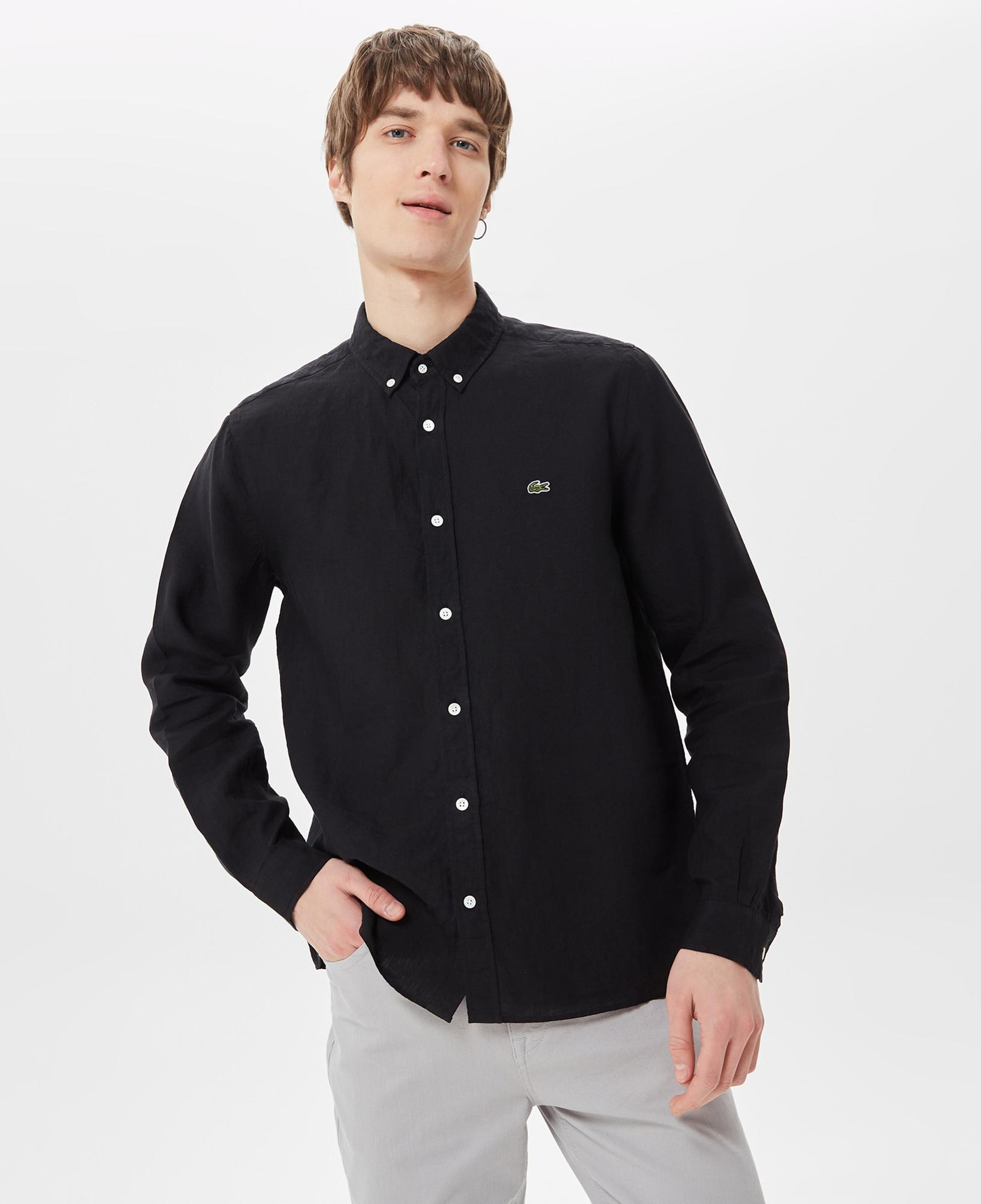 Lacoste Erkek Regular Fit Düğmeli Yaka Keten Siyah Gömlek