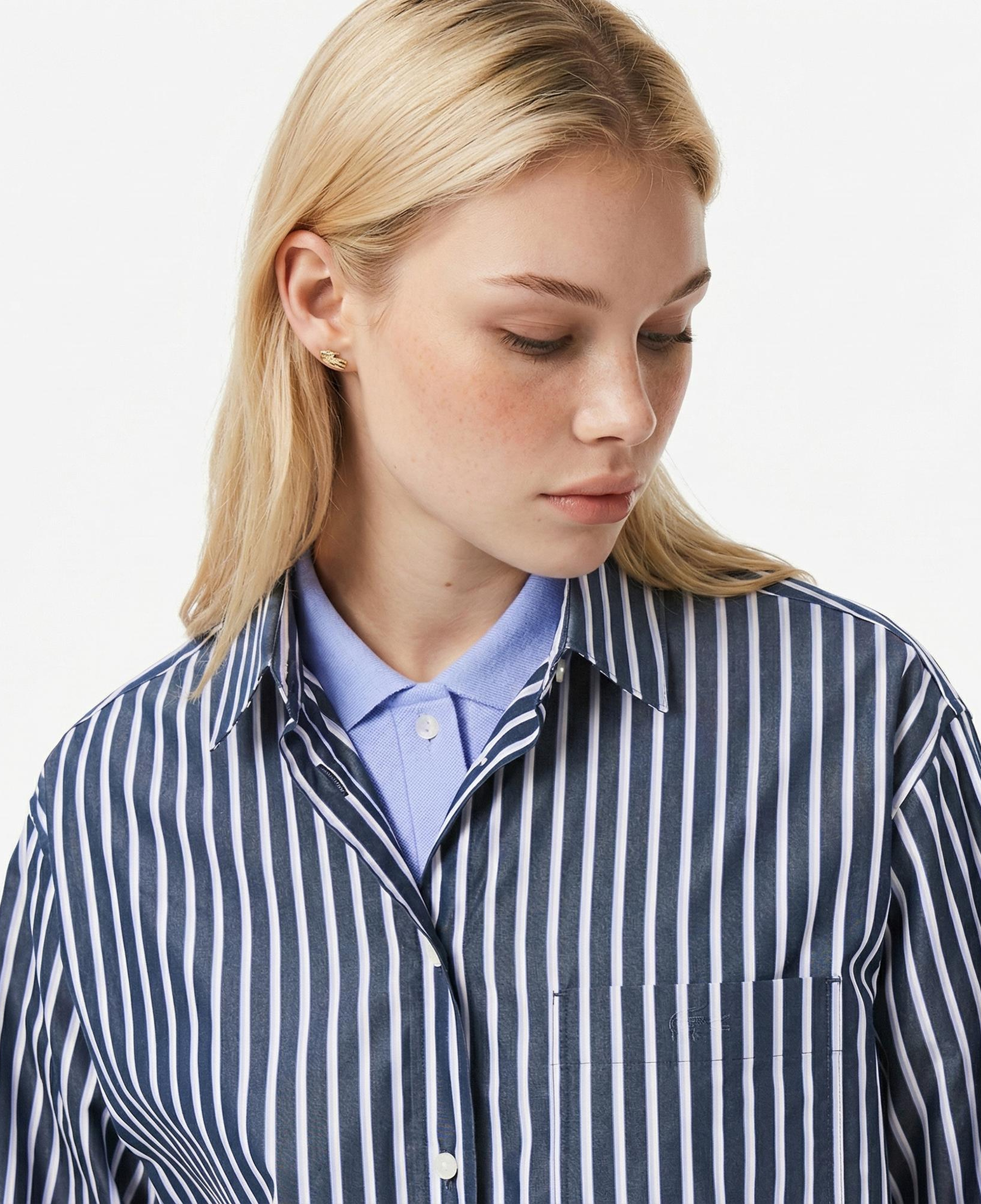 Lacoste Kadın Oversize Fit Düğmesiz Yaka Çizgili Lacivert Gömlek