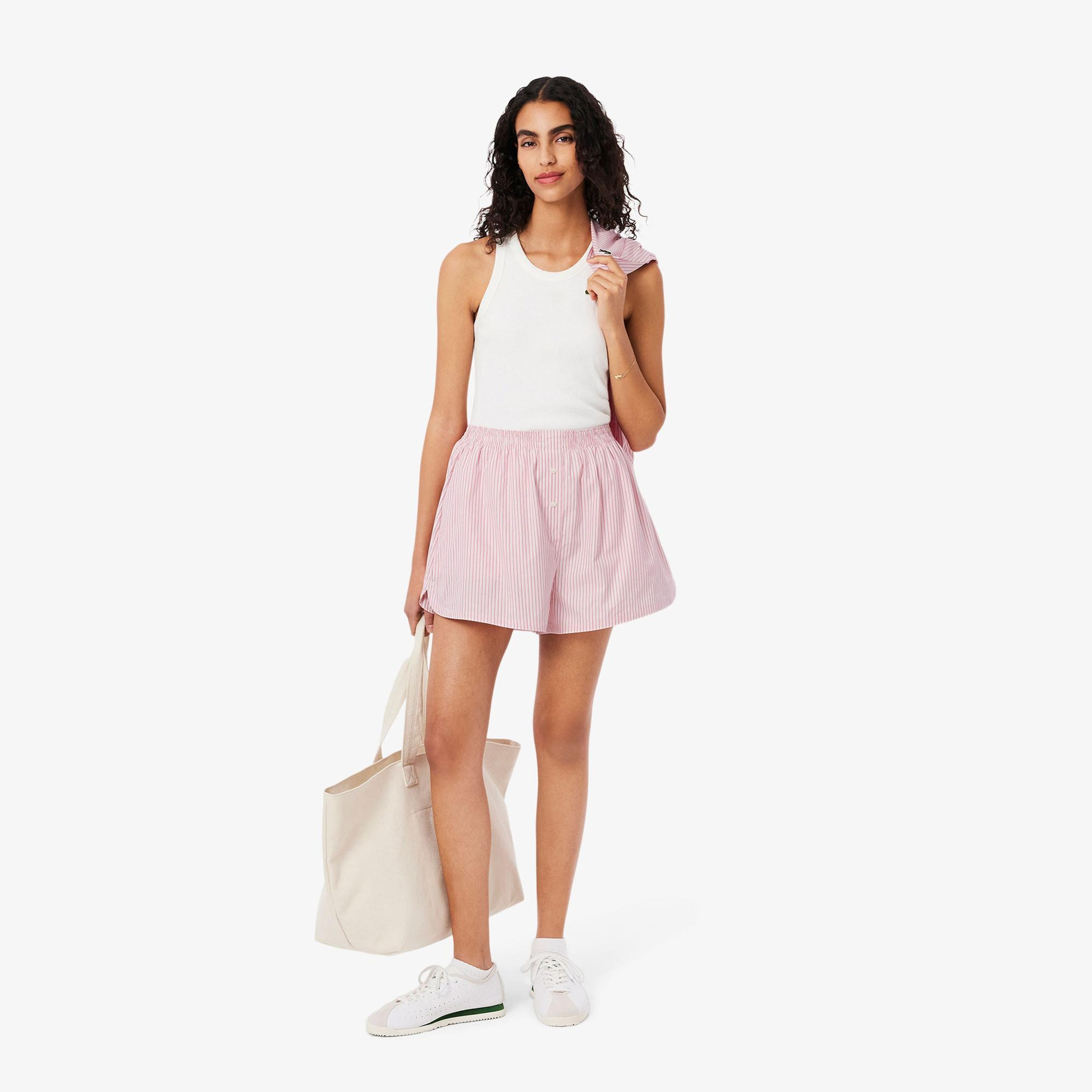 Lacoste Kadın Loose Fit Çizgili Pembe Şort
