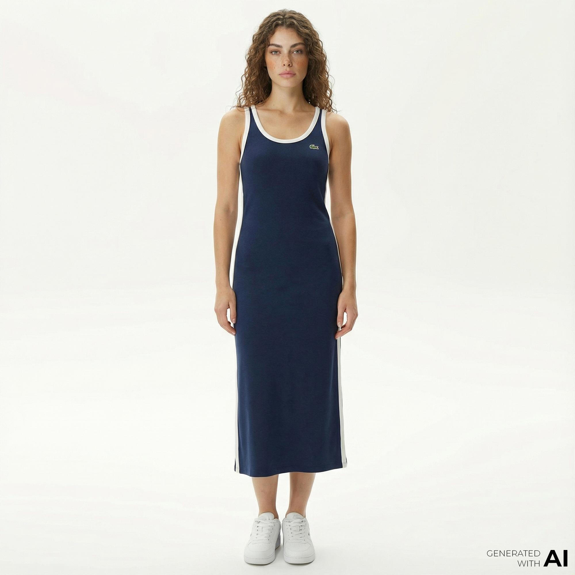 Lacoste Kadın Slim Fit Kolsuz Bisiklet Yaka Renk Bloklu Lacivert Elbise