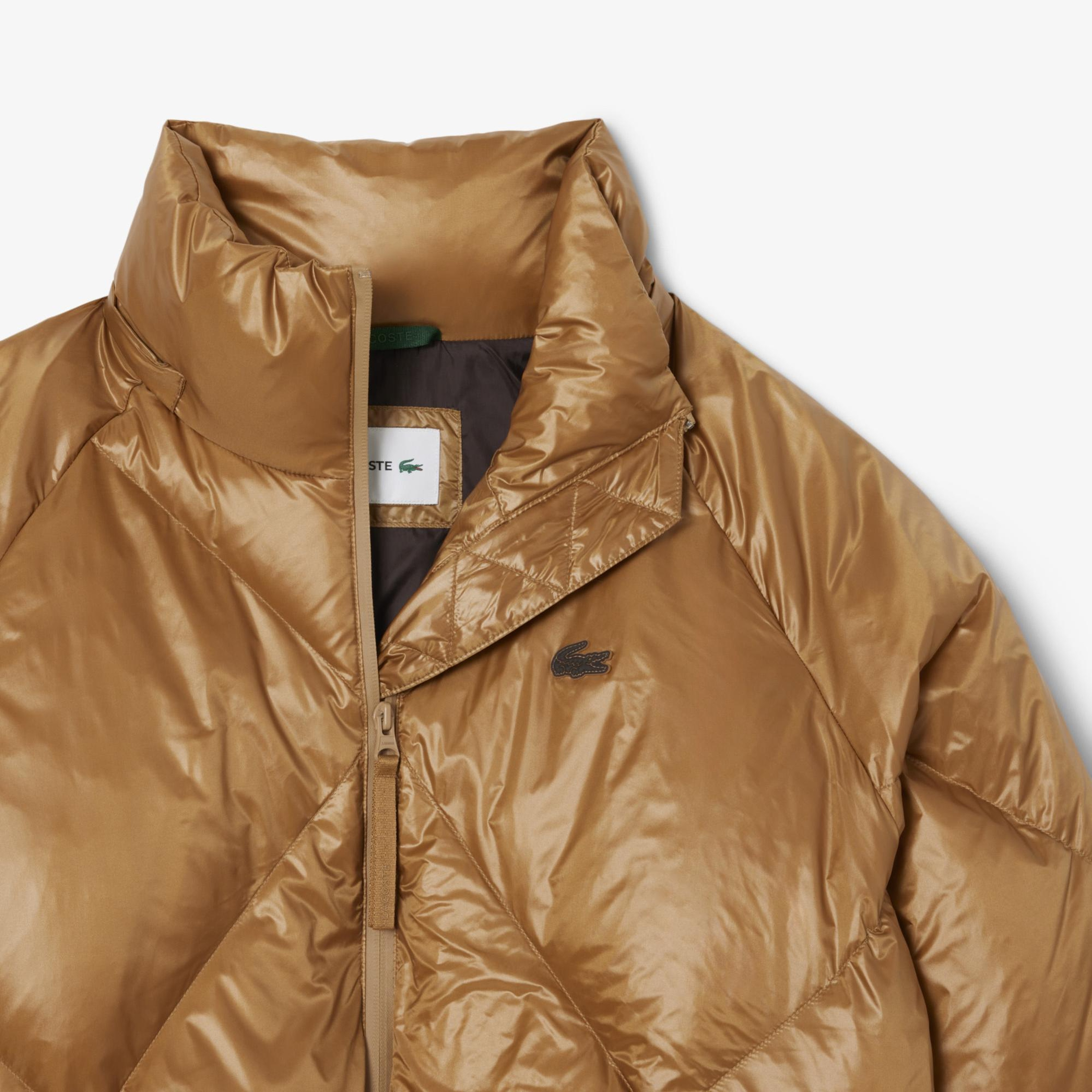 Lacoste Kadın Oversize Fit Kapüşonlu Kapitone Açık Kahverengi Mont