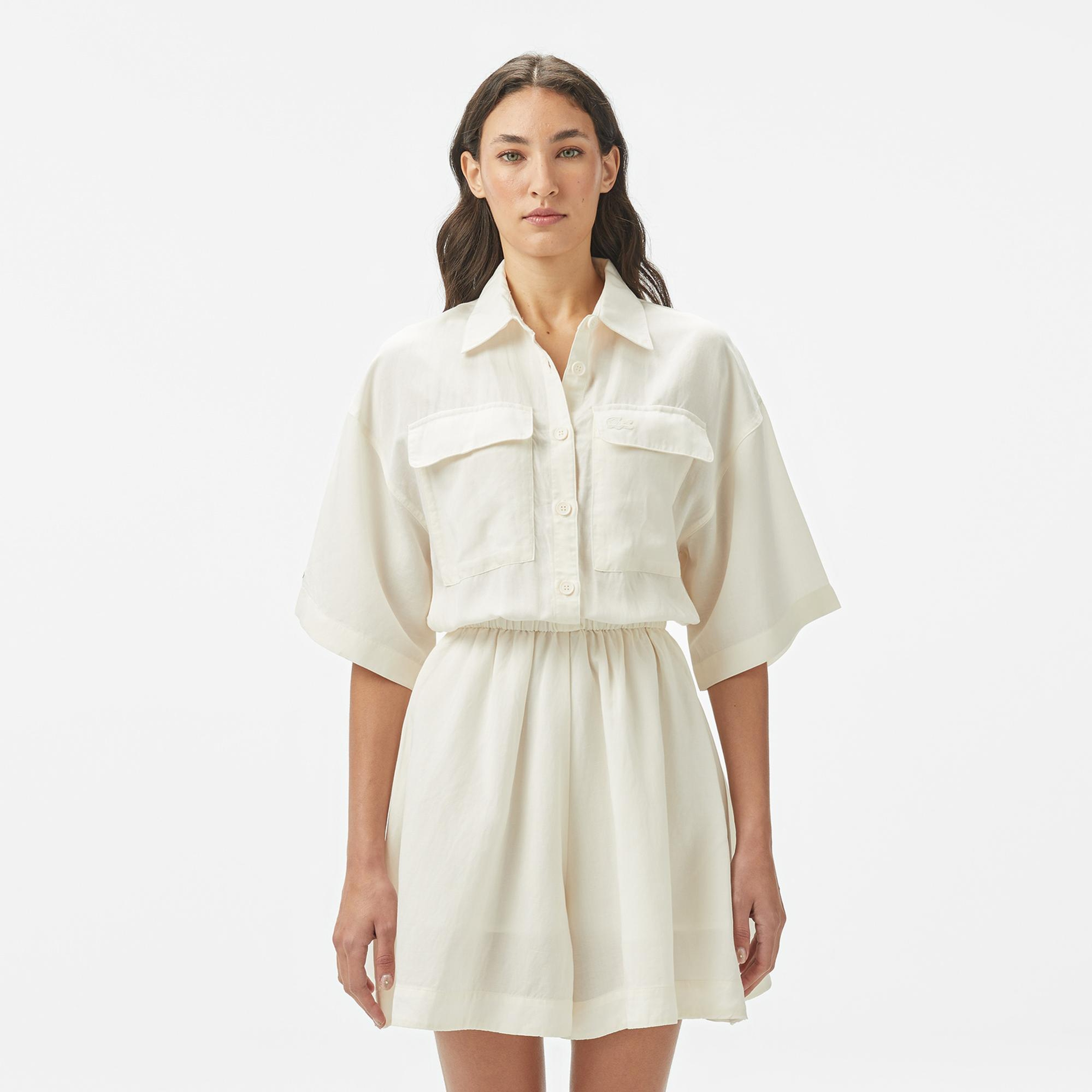 Lacoste Kadın Flare Fit Kısa Kollu Gömlek Yaka Beyaz Elbise