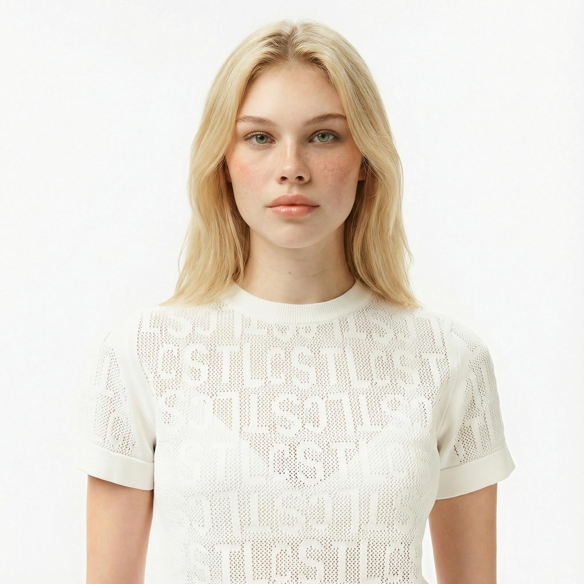 Lacoste Kadın Kısa Kollu Bisiklet Yaka Desenli Beyaz Triko