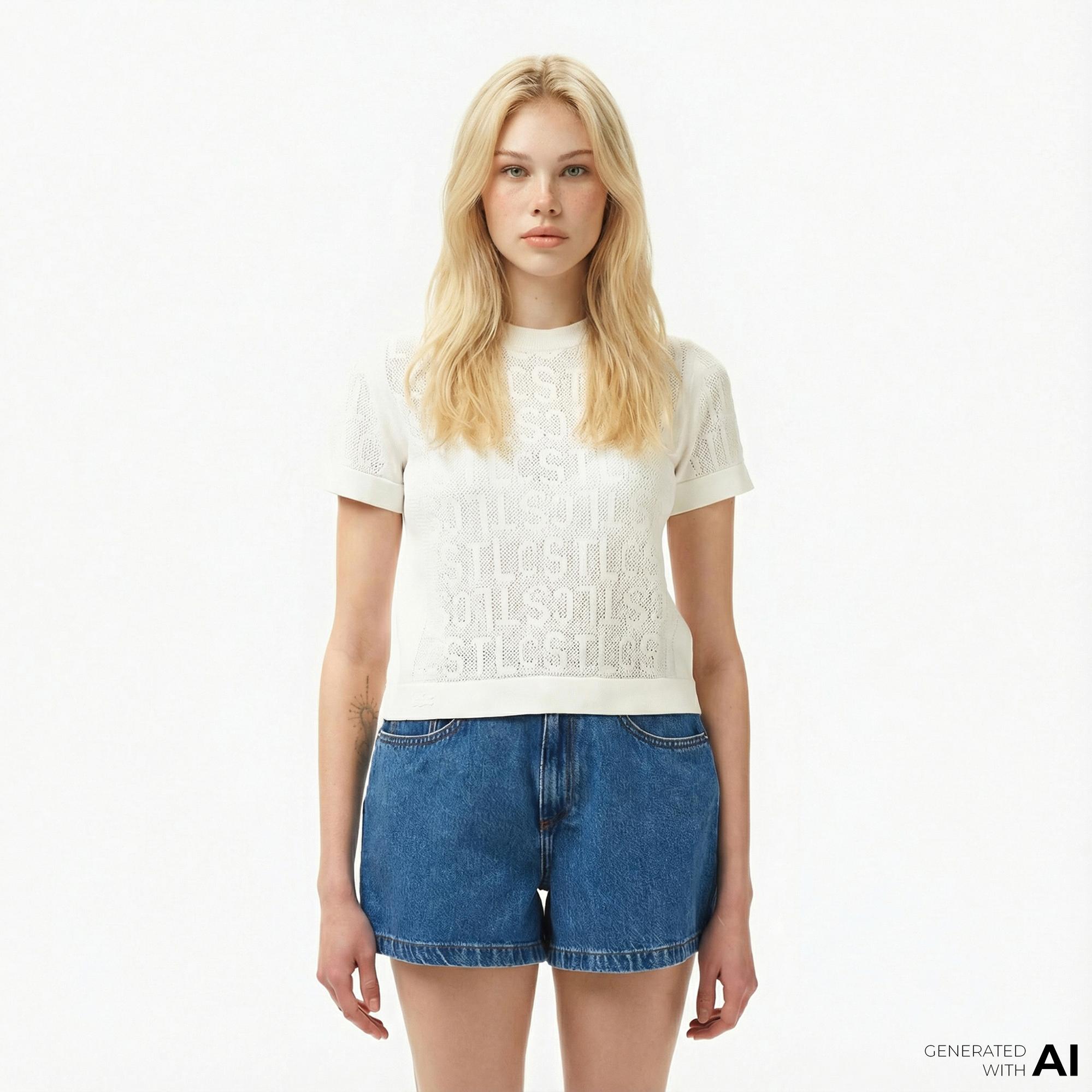 Lacoste Kadın Kısa Kollu Bisiklet Yaka Desenli Beyaz Triko