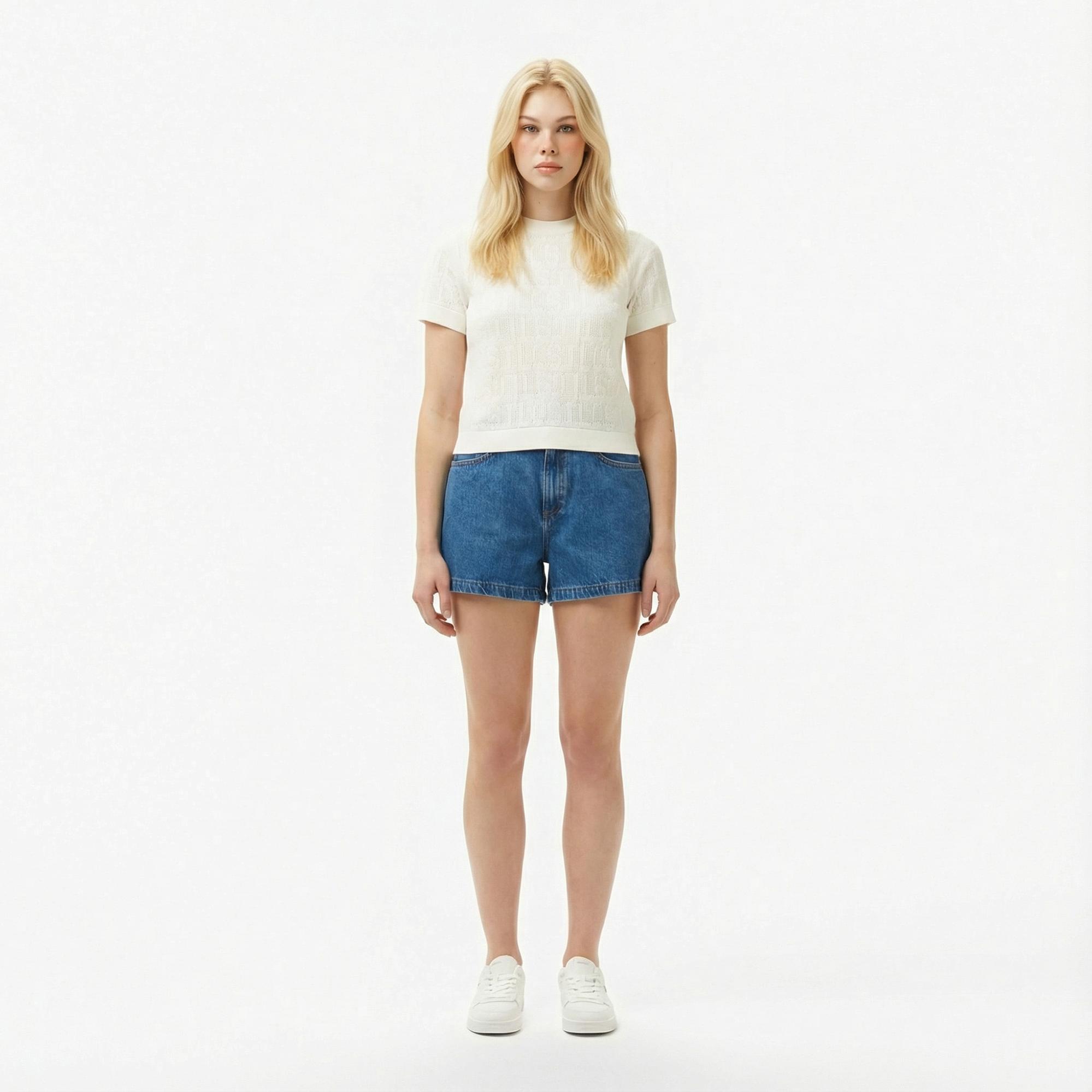 Lacoste Kadın Kısa Kollu Bisiklet Yaka Desenli Beyaz Triko