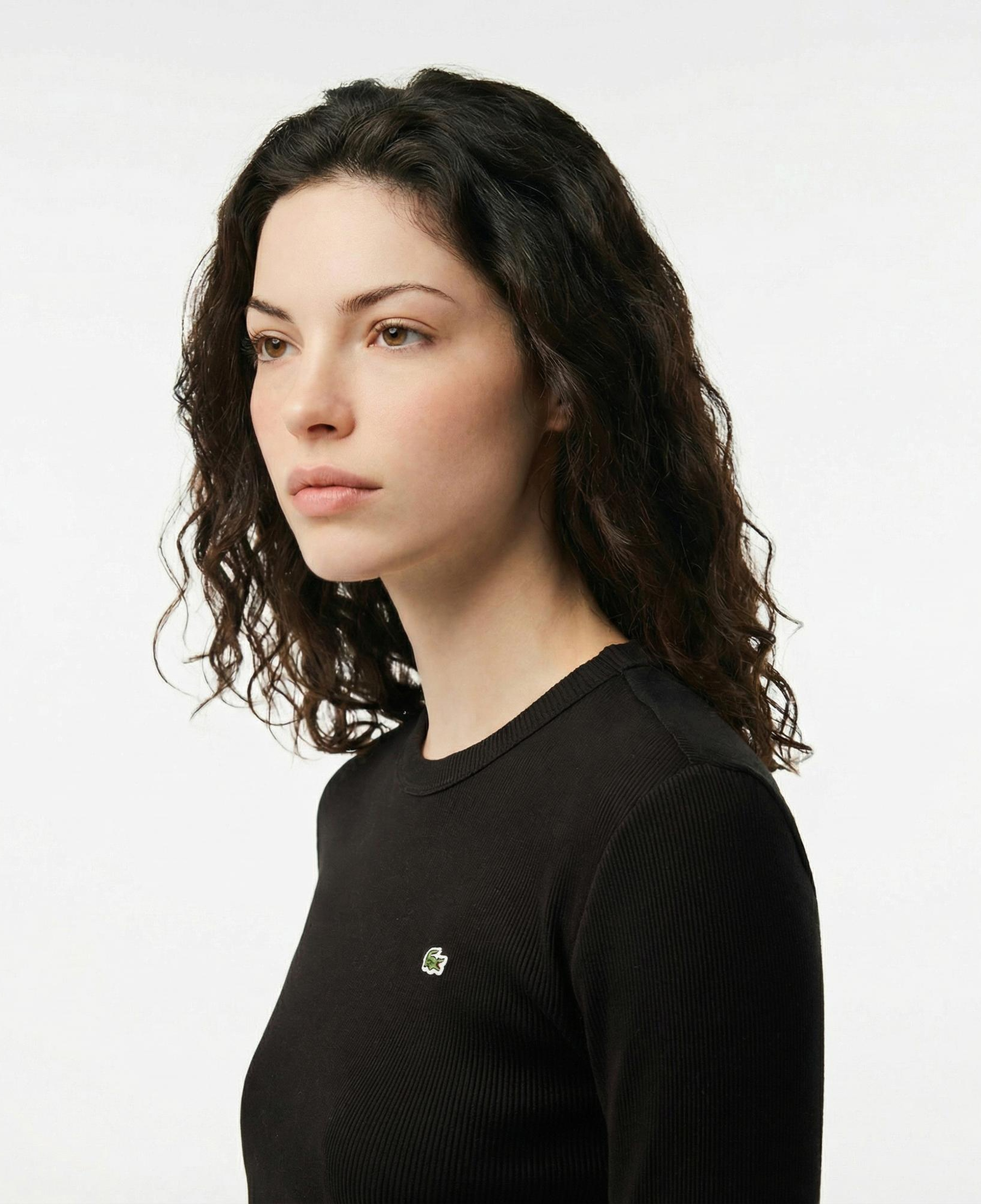 Lacoste Kadın Slim Fit Uzun Kollu Bisiklet Yaka Siyah T-Shirt