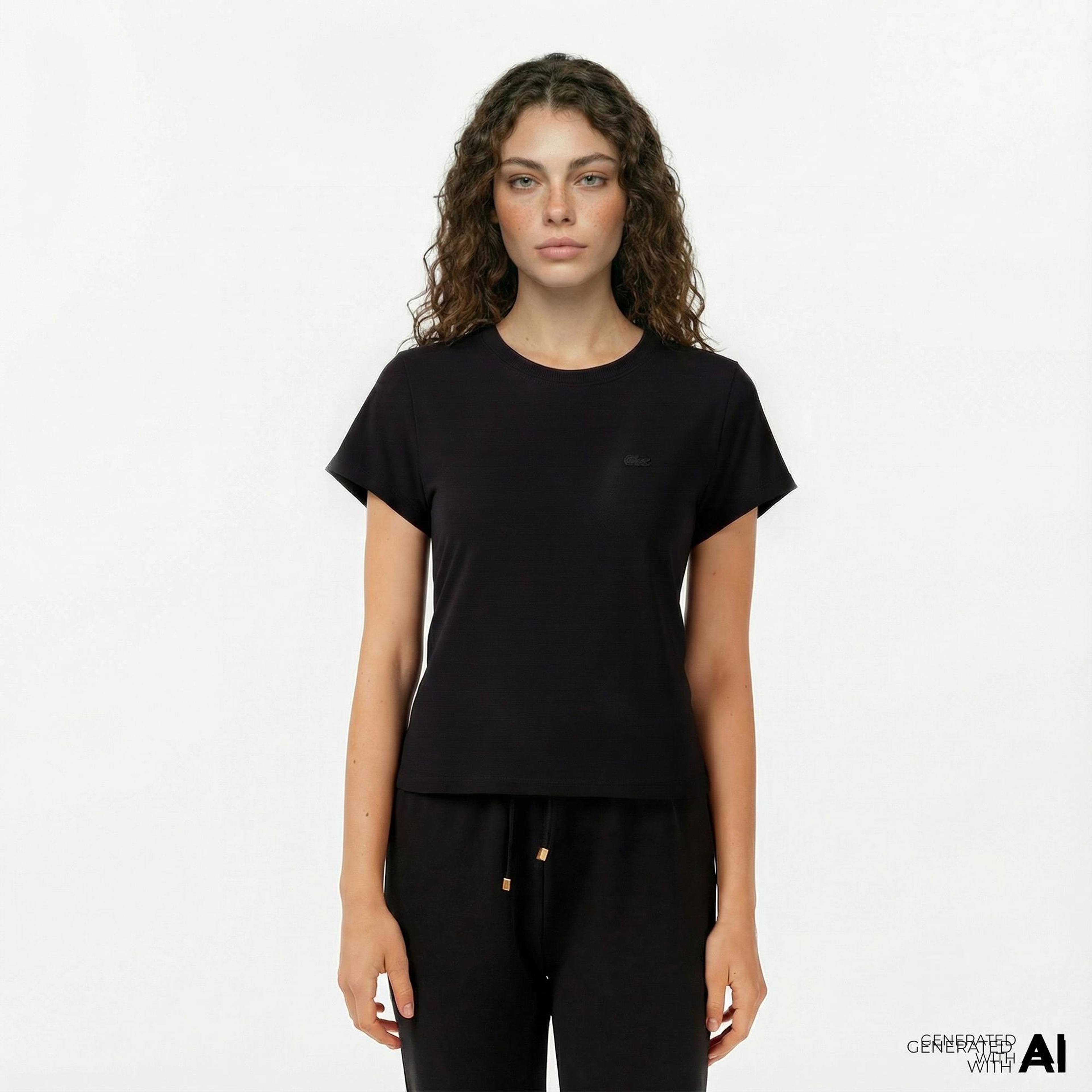 Lacoste Kadın Loose Fit Bisiklet Yaka Siyah T-Shirt