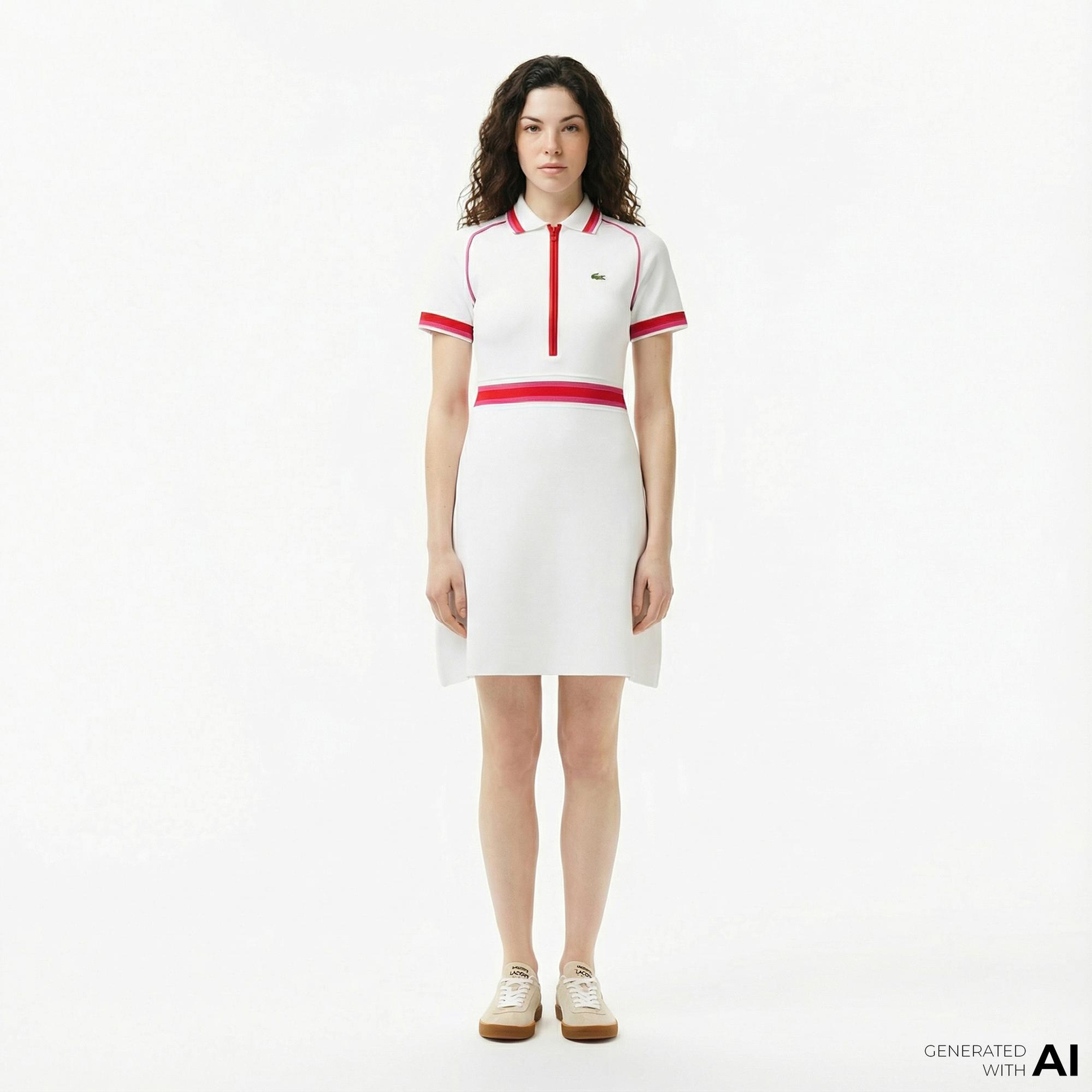 Lacoste Kadın Classic Fit Kısa Kollu Polo Yaka Renk Bloklu Beyaz Elbise