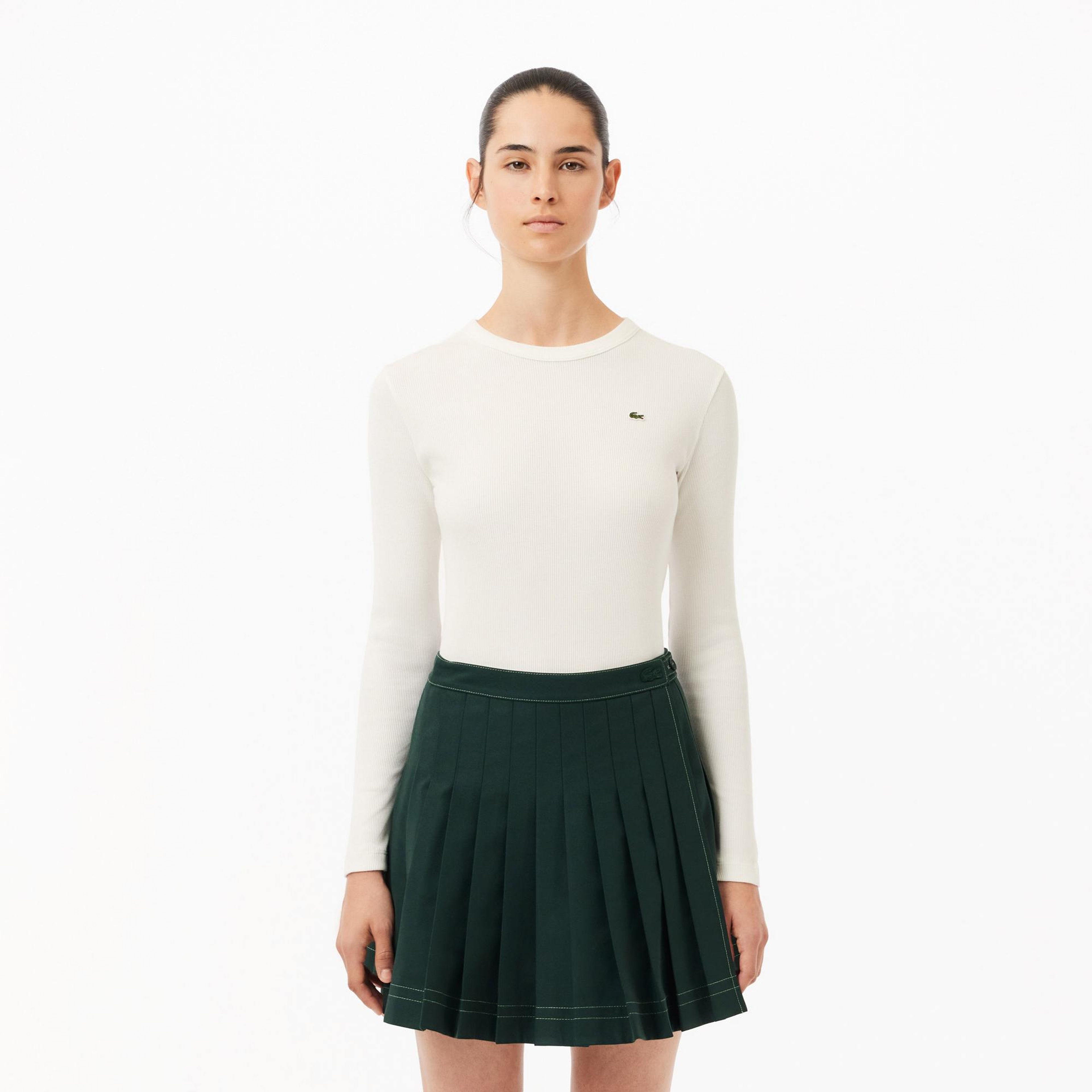 Lacoste Kadın Slim Fit Uzun Kollu Bisiklet Yaka Beyaz T-Shirt