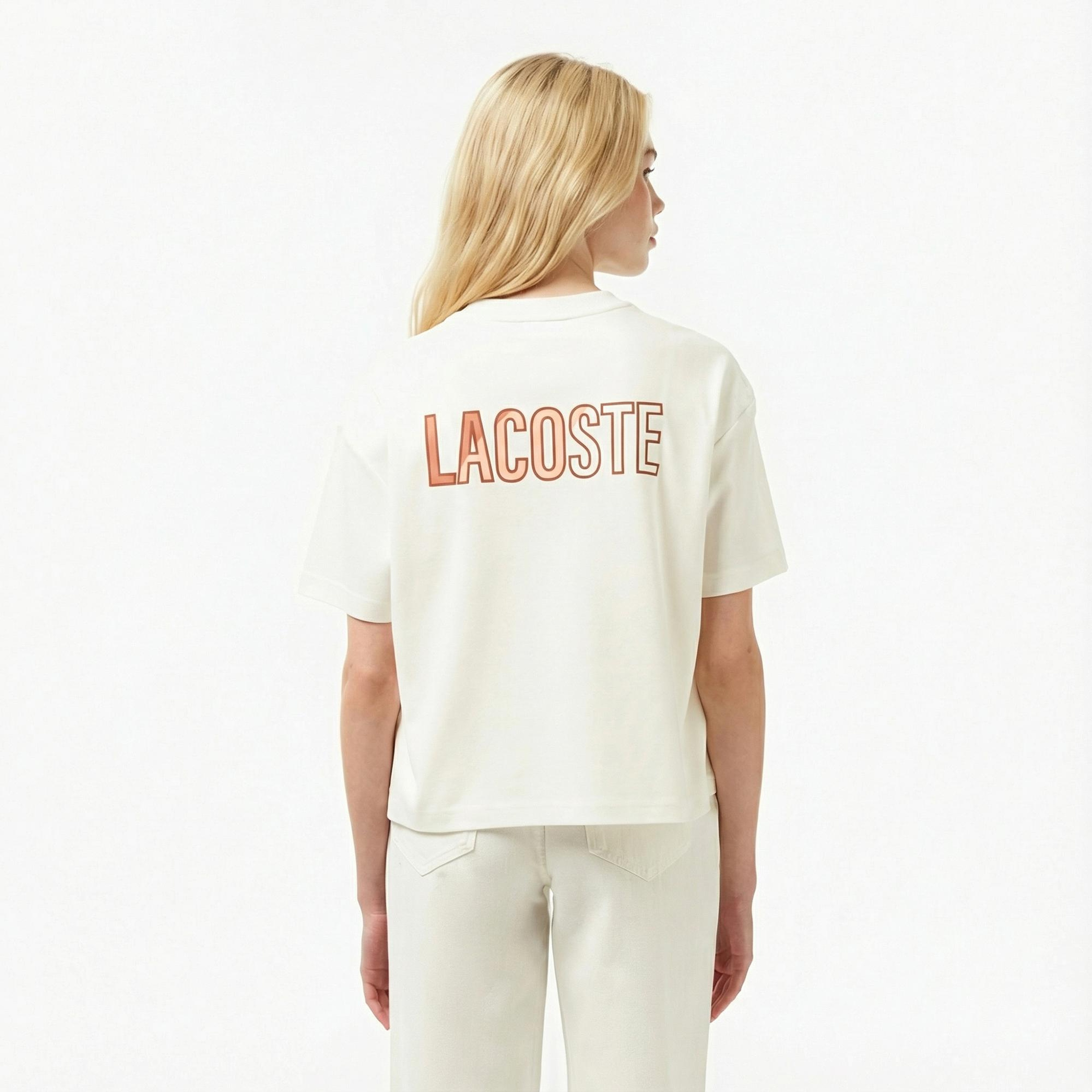 Lacoste Kadın Bisiklet Yaka Baskılı Beyaz T-Shirt