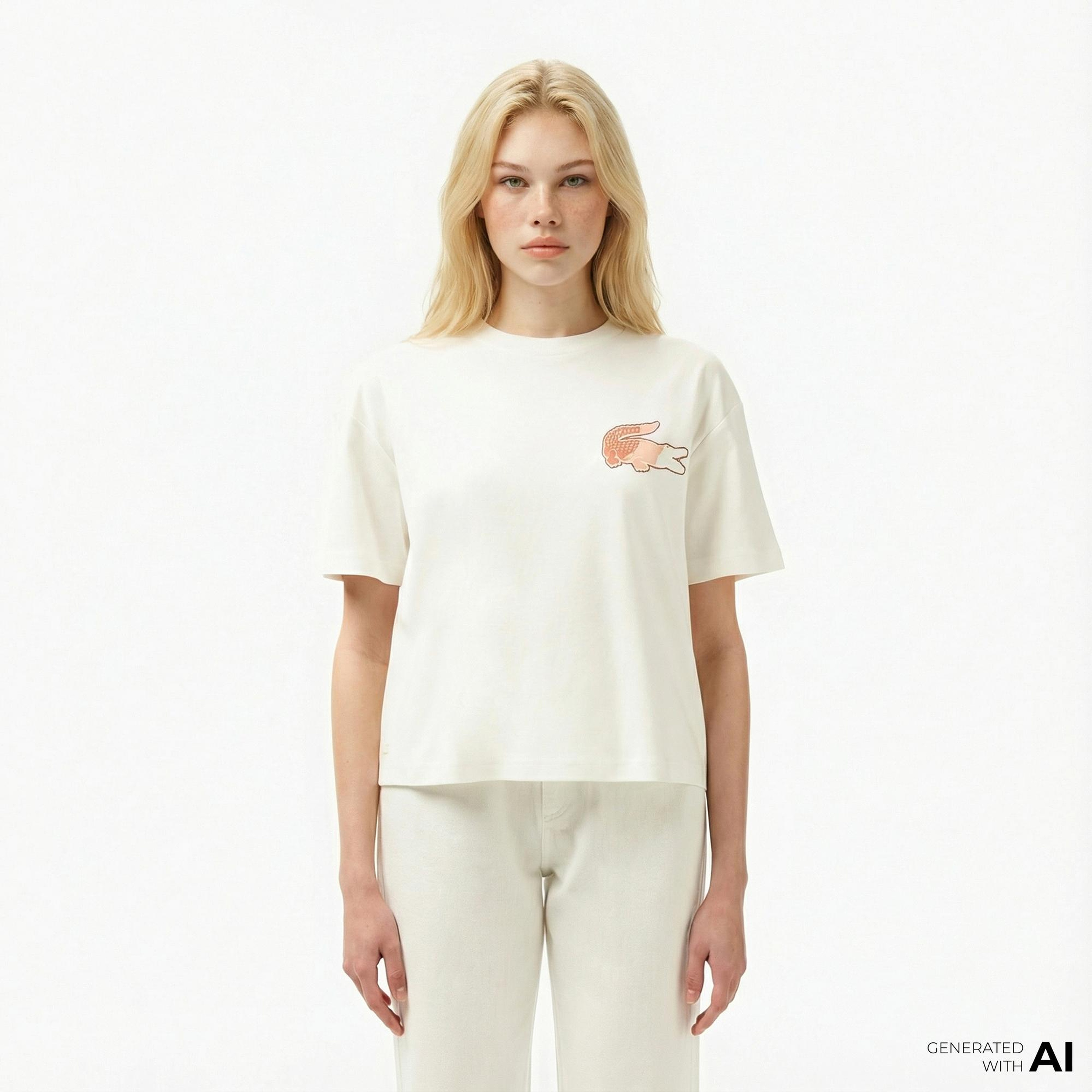 Lacoste Kadın Bisiklet Yaka Baskılı Beyaz T-Shirt