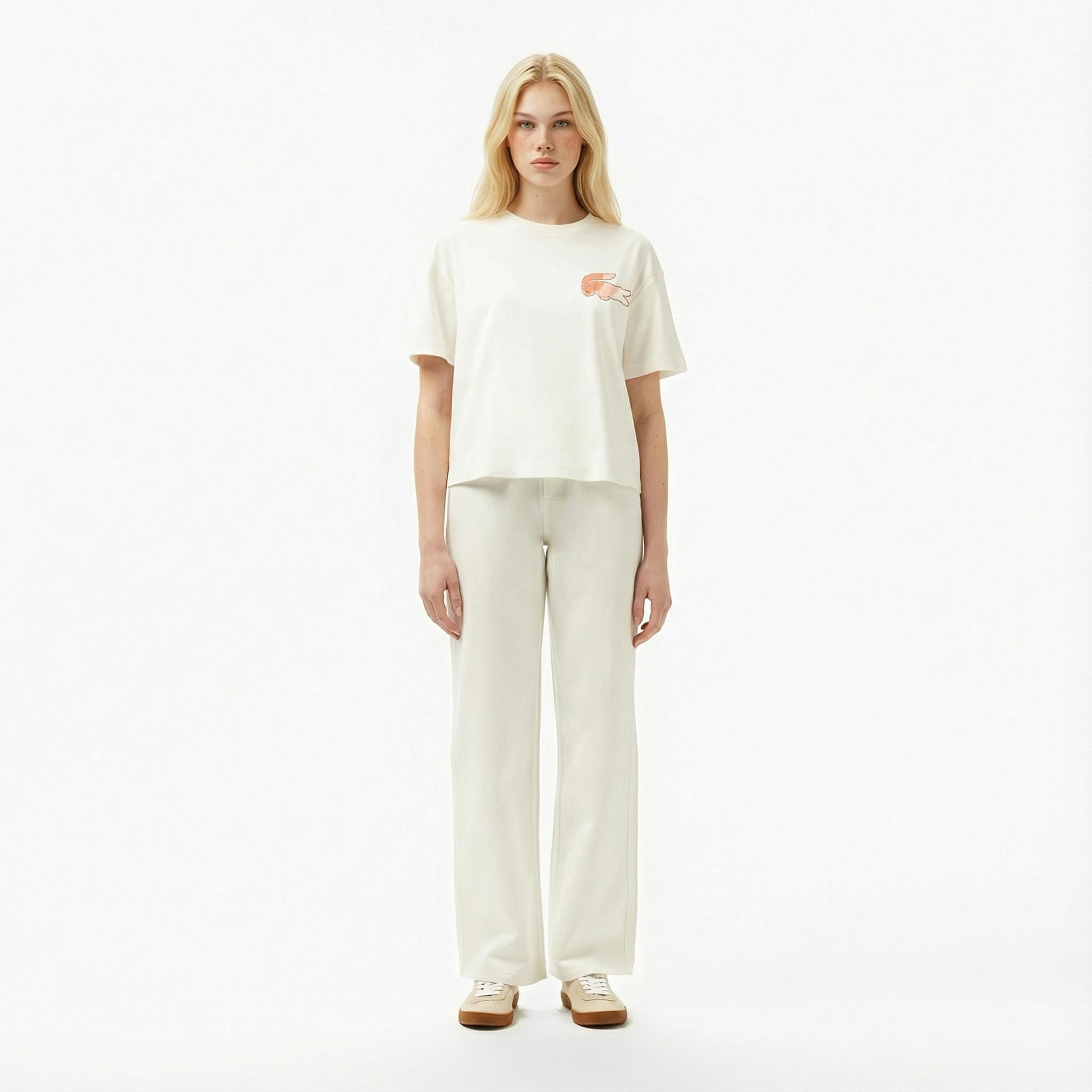 Lacoste Kadın Bisiklet Yaka Baskılı Beyaz T-Shirt