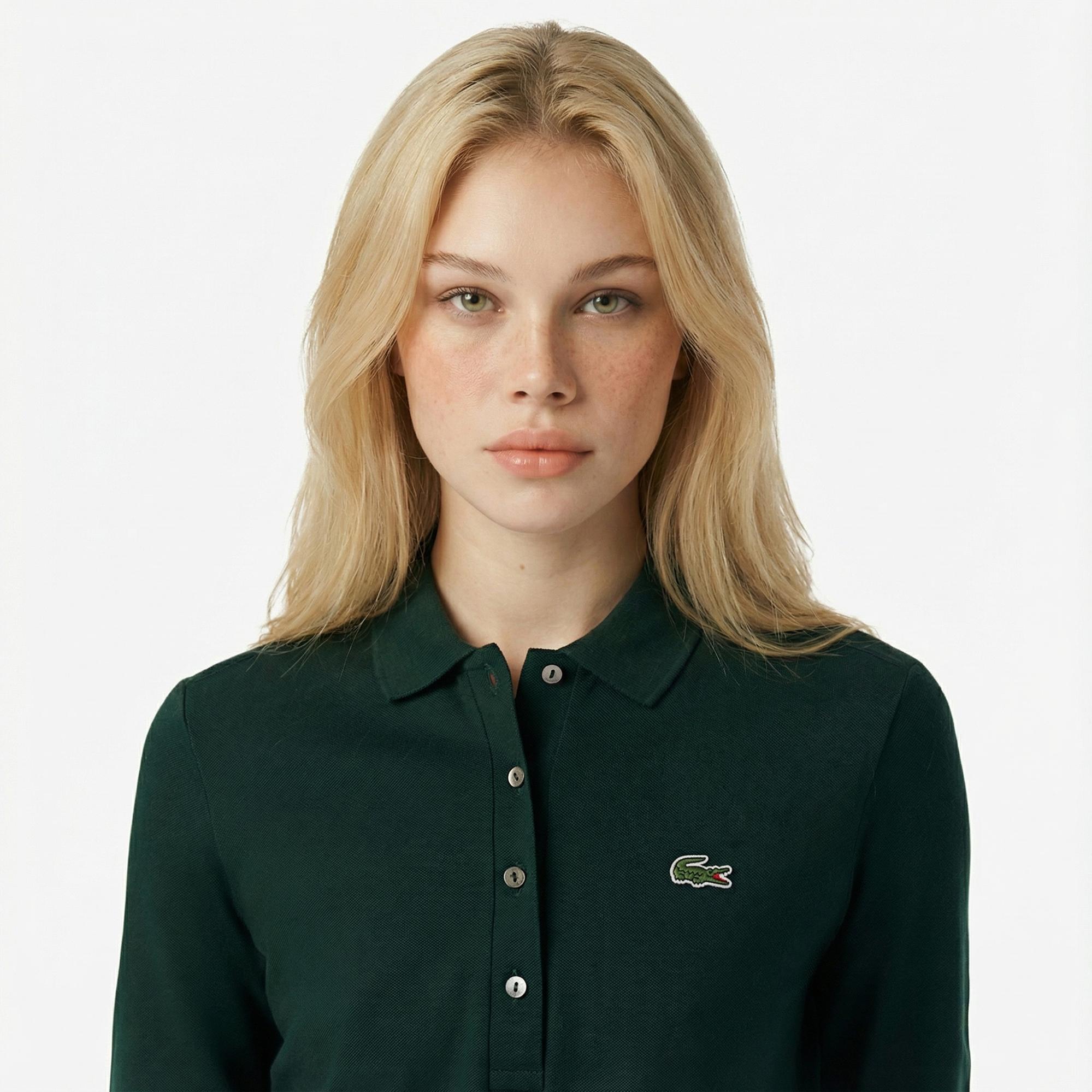 Lacoste Kadın Slim Fit Uzun Kollu Koyu Yeşil Polo