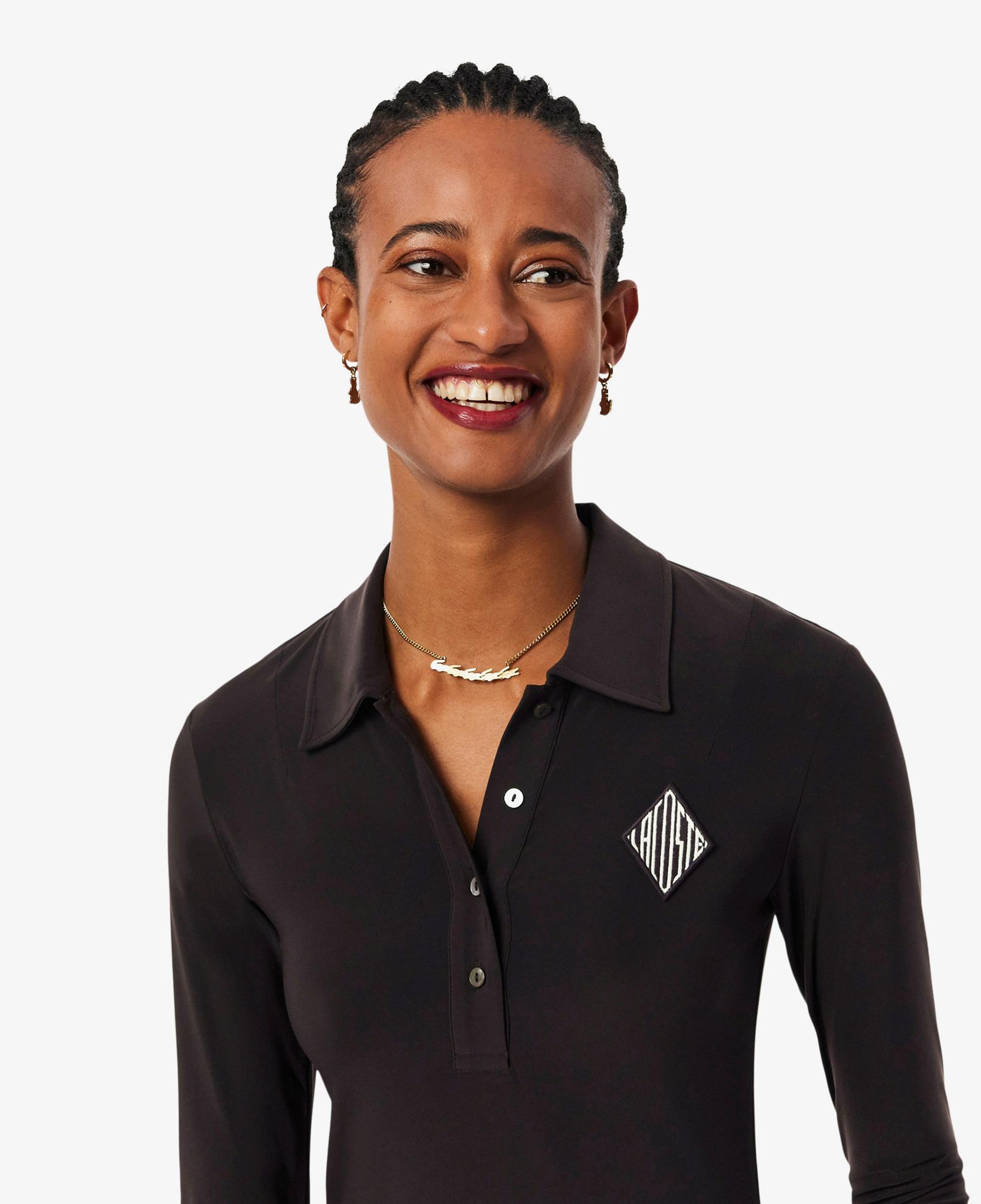 Lacoste Kadın Slim Fit Uzun Kollu Polo Yaka Koyu Kahverengi Elbise