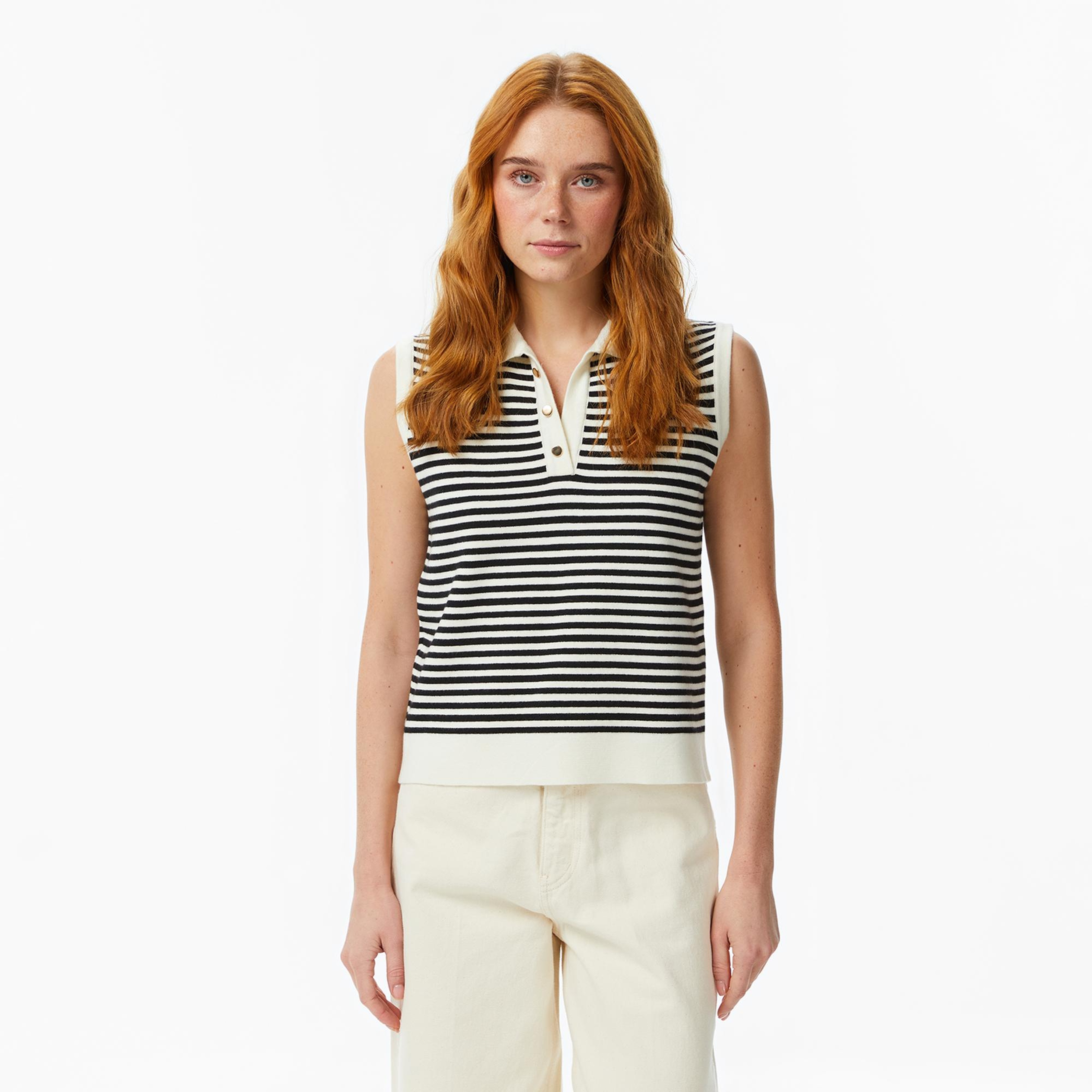 Nautica Kadın Krem Regular Fit Kolsuz Çizgili Polo Yaka T-Shirt