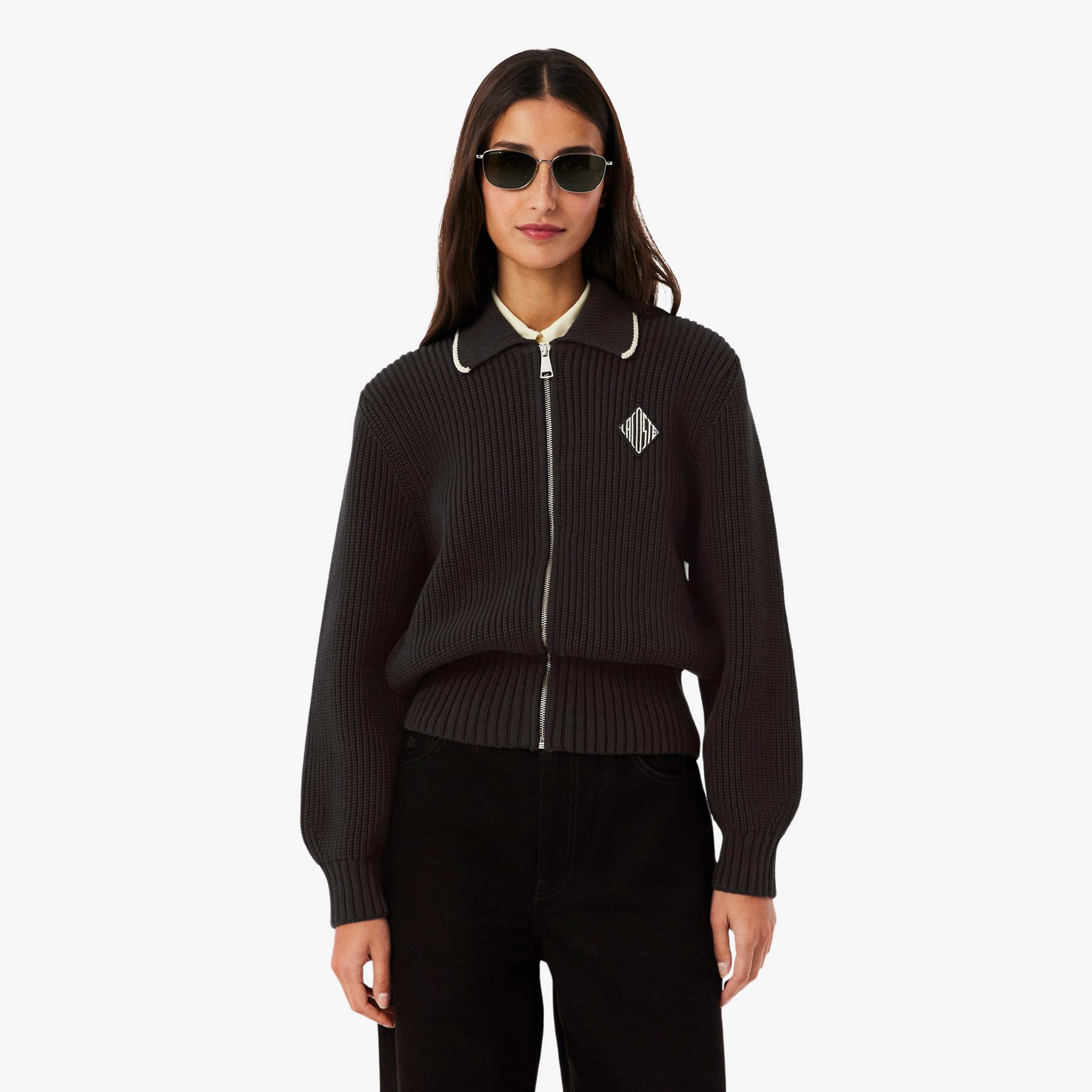 Lacoste Kadın Loose Fit Fermuarlı Kahverengi Hırka