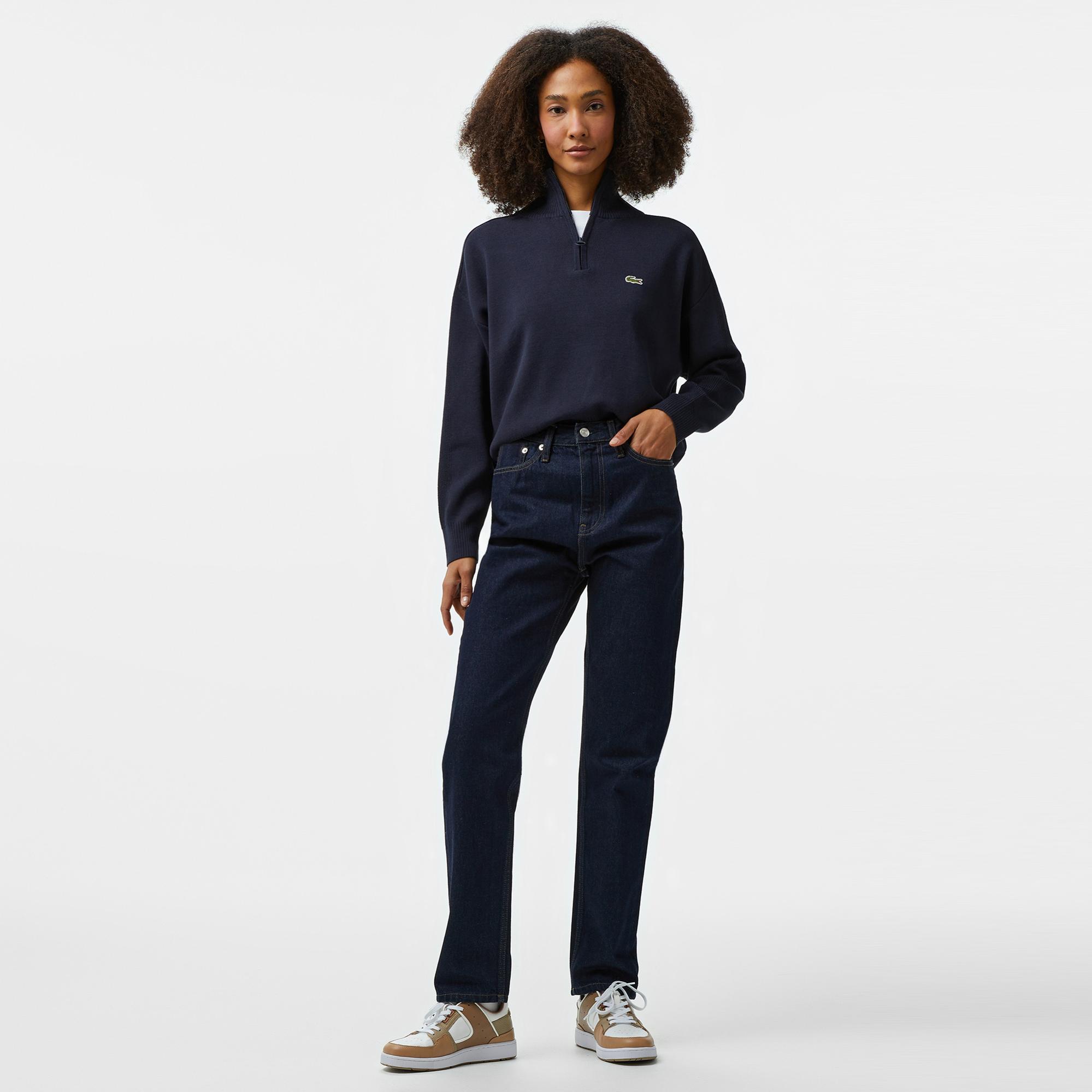 Lacoste Kadın Relaxed Fit Yarım Fermuarlı Lacivert Triko