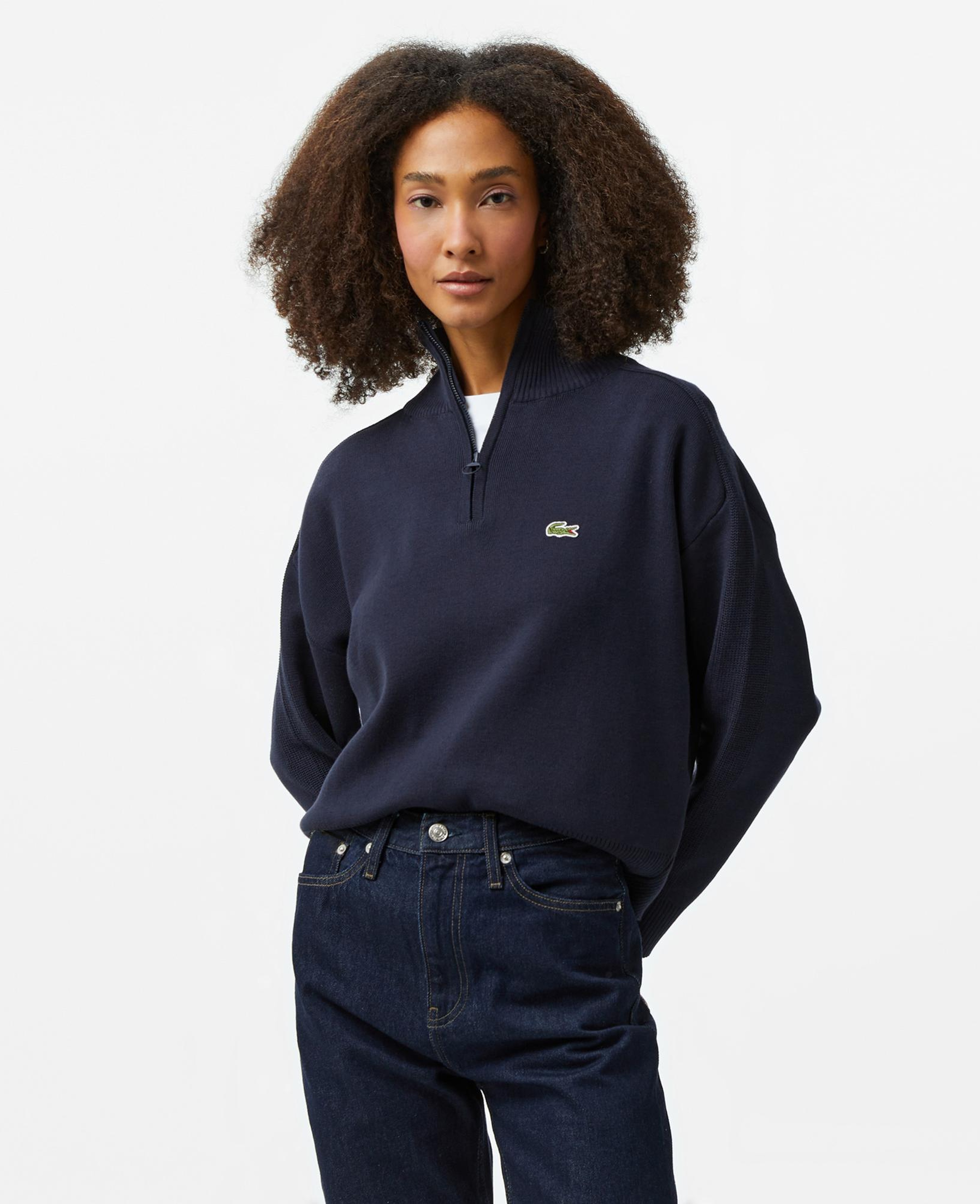 Lacoste Kadın Relaxed Fit Yarım Fermuarlı Lacivert Triko
