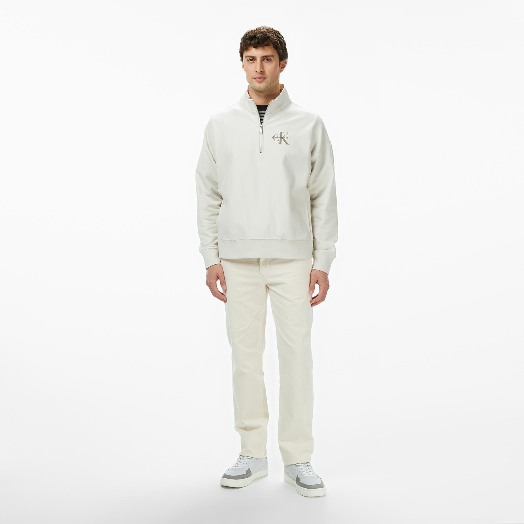 Calvin Klein Premium Terry Micro Monologo Erkek Beyaz Sweatshirt