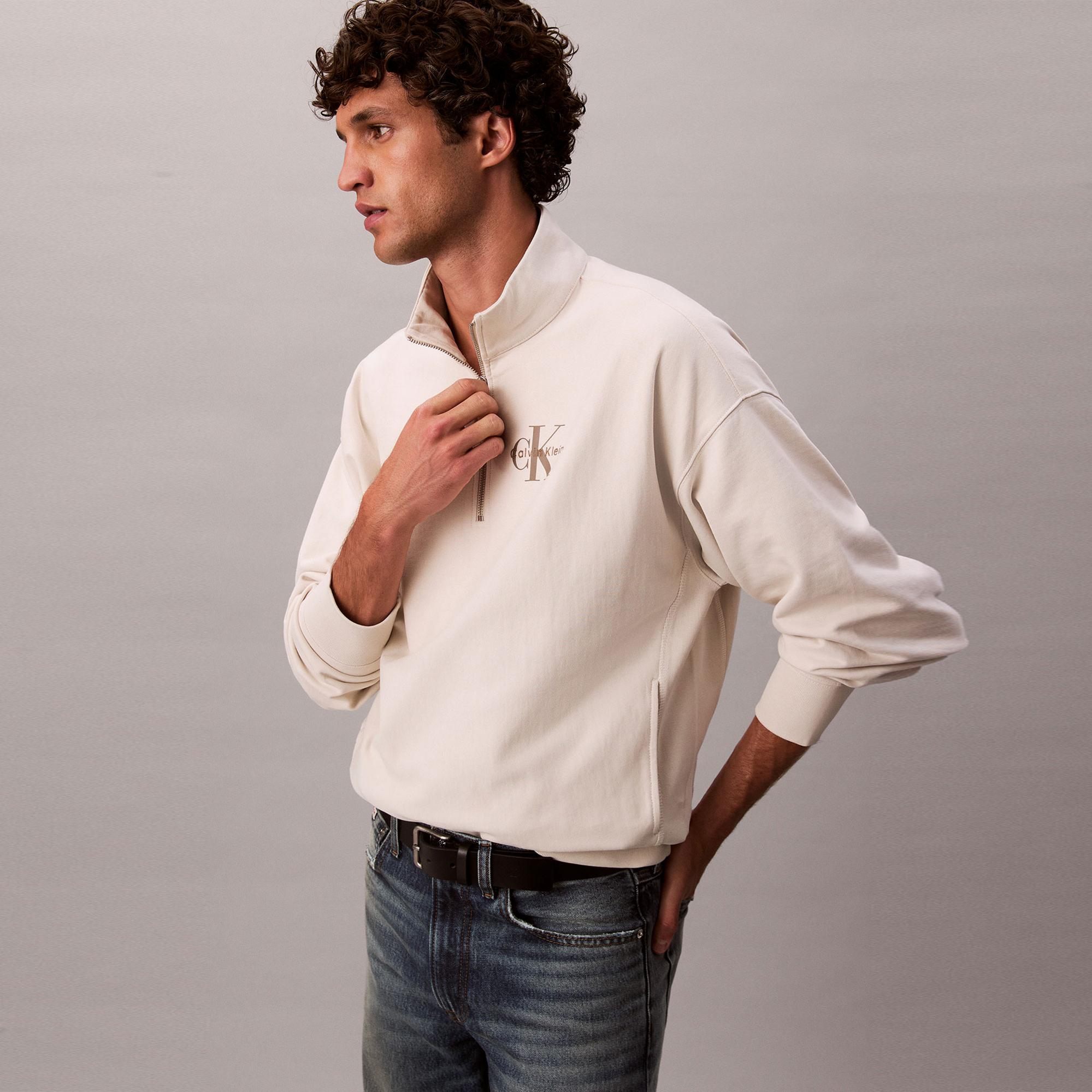 Calvin Klein Premium Terry Micro Monologo Erkek Beyaz Sweatshirt