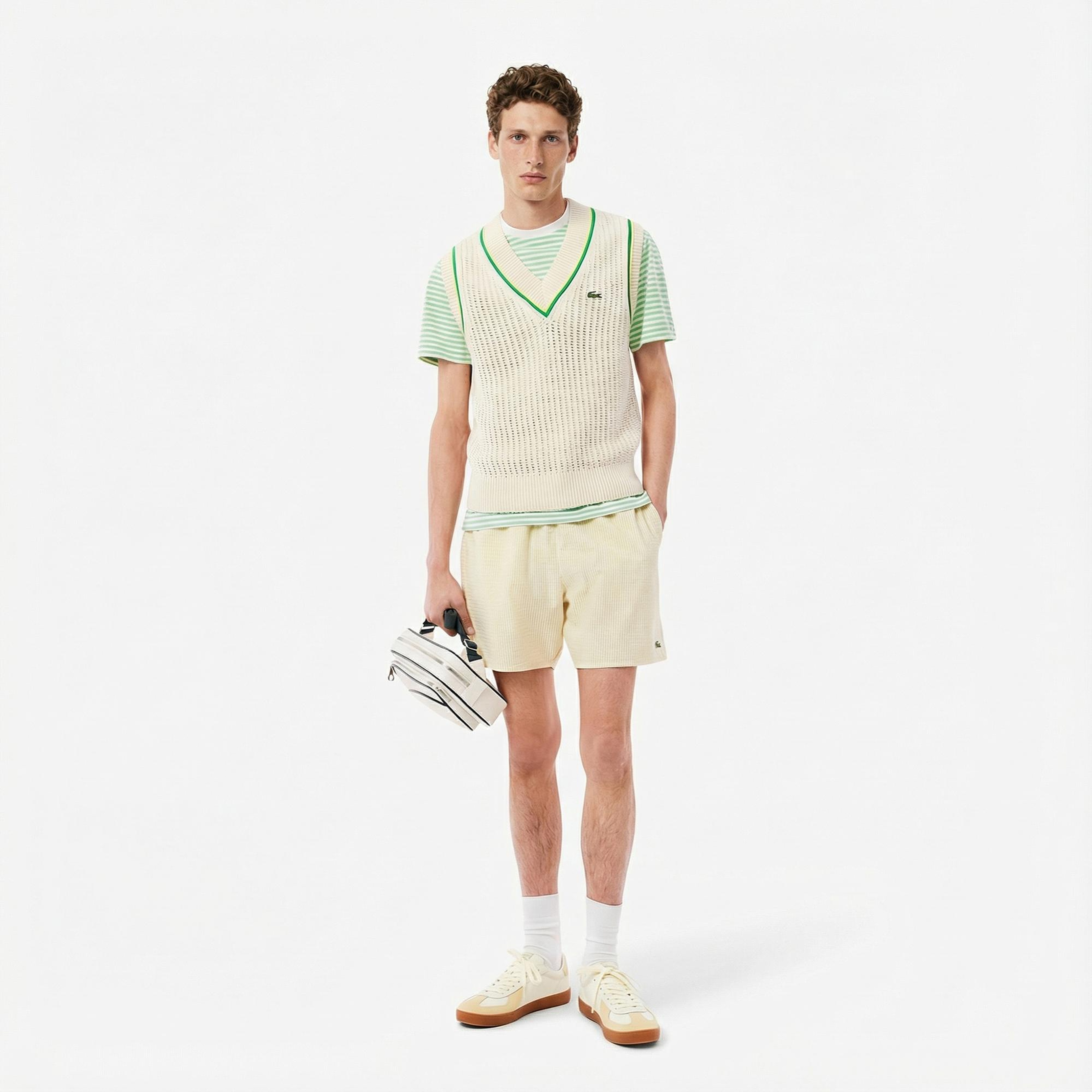 Lacoste Erkek Classic Fit Bisiklet Yaka Çizgili Açık Yeşil T-Shirt