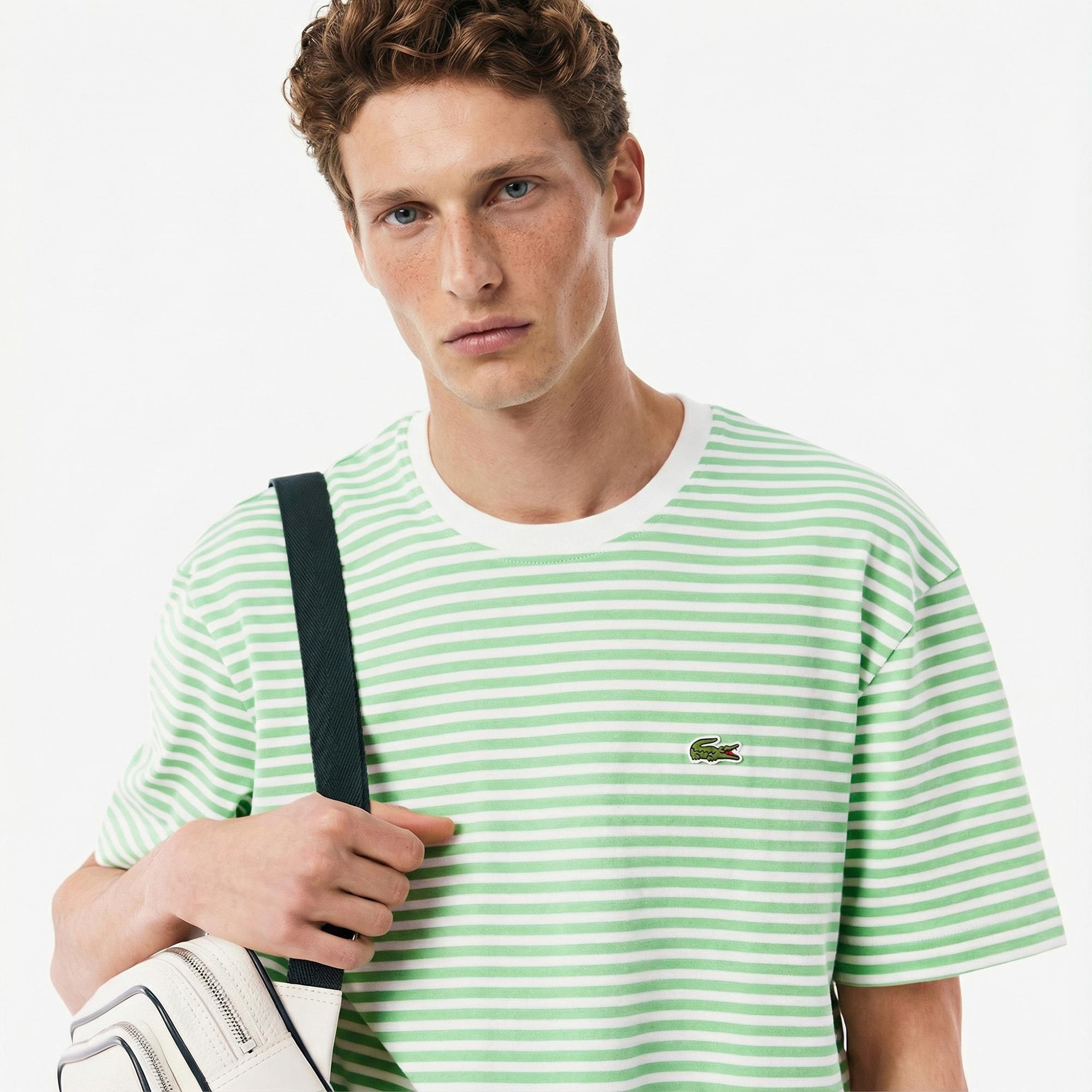 Lacoste Erkek Classic Fit Bisiklet Yaka Çizgili Açık Yeşil T-Shirt