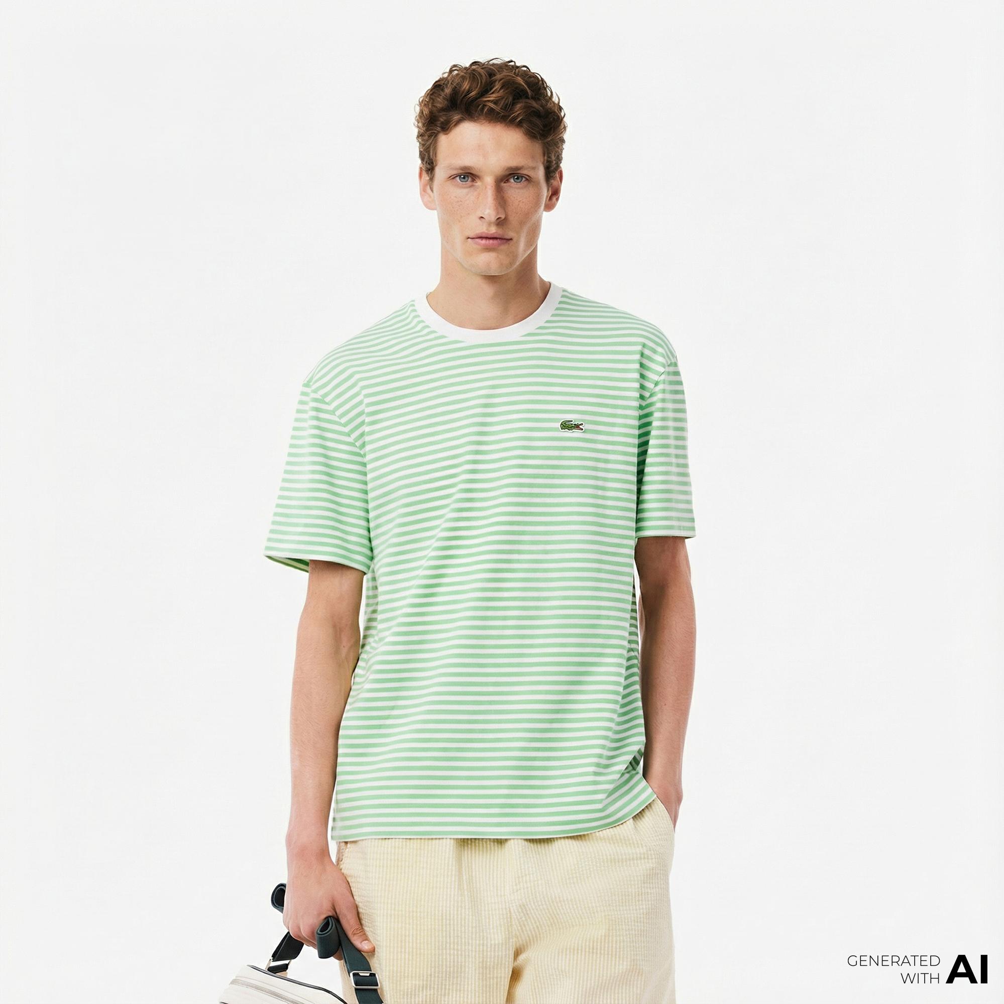 Lacoste Erkek Classic Fit Bisiklet Yaka Çizgili Açık Yeşil T-Shirt